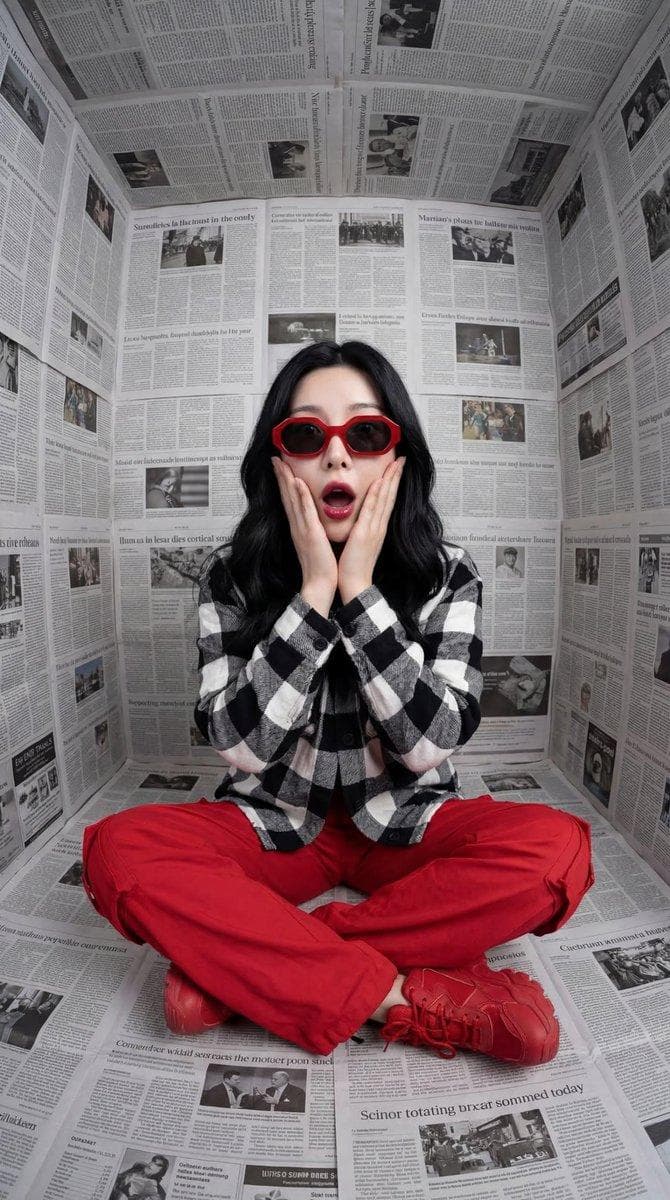 { "Objective": "Create a stylized fashion portrait with bold color contrast and a modern surreal editorial aesthetic", "PersonaDetails": { "Subject": { "Type": "Young woman", "Pose": "Sitting cross-legged", "Expression": "Dramatic surprise, hands holding cheeks, mouth slightly open", "Hair": "Long black hair framing the face", "Accessories": "Bold red sunglasses" } }, "Wardrobe": { "Top": "Black-and-white checkered shirt", "Bottom": "Red pants", "Footwear": "Red sneakers", "ColorTheme": "Vibrant red contrasted against monochrome surroundings" }, "SceneDescription": { "Environment": "Small enclosed room", "SurfaceTreatment": { "Walls": "Covered entirely in newspaper pages", "Floor": "Covered entirely in newspaper pages", "Ceiling": "Covered entirely in newspaper pages" }, "Concept": "Monochrome newspaper textures creating a graphic, immersive backdrop" }, "Composition": { "Framing": "Centered, symmetrical composition", "CameraAngle": "Straight-on", "Balance": "Strong geometric and visual symmetry", "Focus": "Sharp focus across subject and environment" }, "LightingAndColor": { "Lighting": "Soft studio lighting", "ShadowQuality": "Clean, controlled shadows", "Contrast": "High contrast between black-and-white newspapers and red clothing", "ColorPalette": [ "Black", "White", "Vibrant red" ] }, "ArtDirection": { "Style": "Editorial fashion photography", "Aesthetic": "Modern surrealism"…