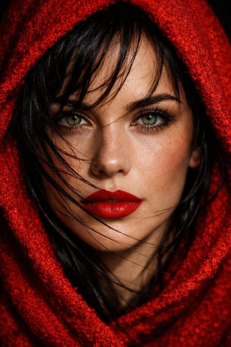Extreme close-up portrait of a woman with piercing green eyes and bold, matte red lips, her face framed by a vibrant red textured hood. Dramatic cinematic lighting creates sharp shadows across her features, with fine strands of dark black hair blowing across her face. High-fashion…