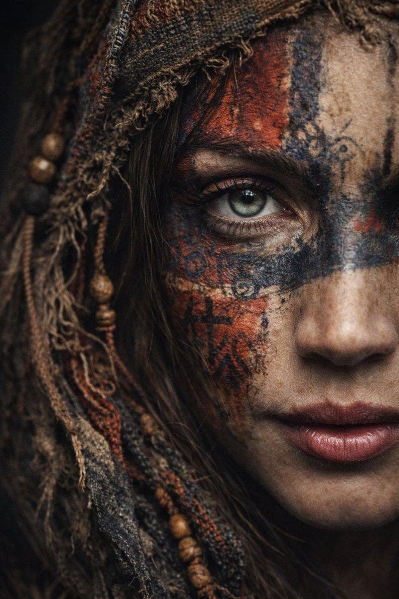 A dramatic ultra-realistic portrait of a woman shown in extreme close-up, only half of her face visible. Her skin is painted with bold tribal markings in deep red, navy blue, and muted earth tones, layered with rough textures and symbolic patterns. One striking light-blue eye is sharply in focus, conveying strength, resilience, and quiet intensity. She wears weathered fabric and woven textiles around her head, with frayed edges and smallwooden beads, suggesting ancient or nomadic…
