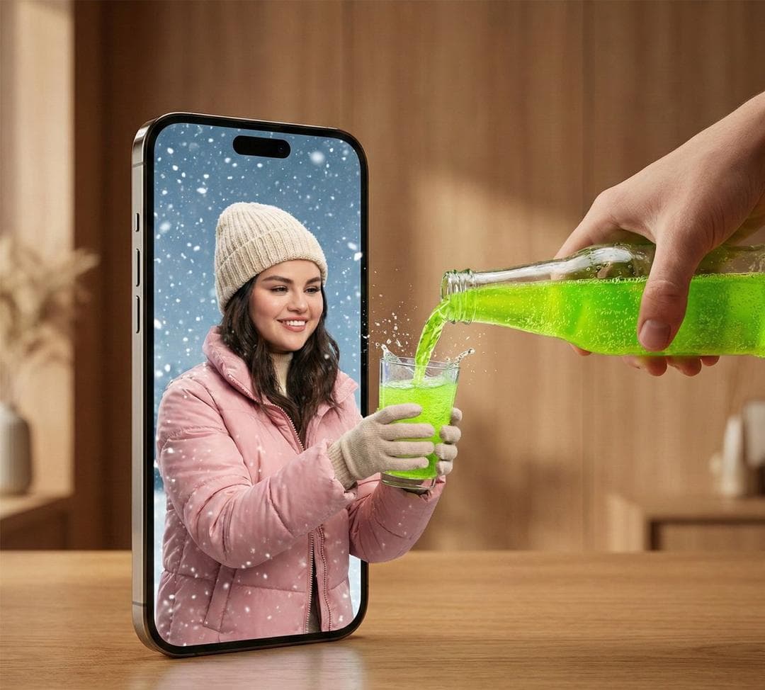 A hyper-realistic surreal photograph of a modern smartphone lying flat on a wooden table, its screen acting as a portal between two worlds. From inside the phone screen, a smiling young man dressed in winter clothing—puffer jacket, knit beanie, gloves—extends his hands outward into the real world, holding a clear glass. From outside the phone, a real human hand pours a bright neon-green carbonated drink into the glass, with liquid splashes frozen mid-air as it crosses the boundary between the digital screen and reality…