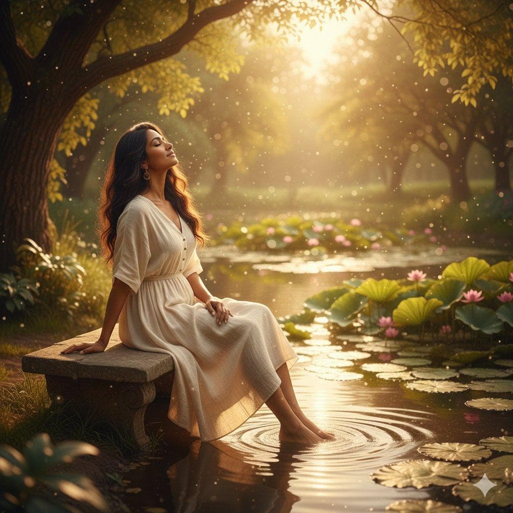unfolds beside a tranquil pond, where gentle ripples catch the warm, golden sunlight. A young woman sits peacefully on the grassy bank at the water’s edge, her posture relaxed yet slightly leaning forward, as if immersed in quiet contemplation. Soft rays from the high, diffused sun bathe her face and shoulders in a tender glow, highlighting her delicate features and casting subtle, natural shadows. She wears light, flowy summer clothes in soft pastel tones that harmoniously blend with the lush surroundings—perhaps a breezy linen dress fluttering faintly in the still air. The pond mirrors the surrounding trees, their vibrant green leaves shimmering under the sunlight, while delicate reflections dance across the calm surface. The atmosphere feels utterly peaceful, warm, and timeless, with no breeze to disturb the stillness. Her expression is calm and introspective, eyes…
