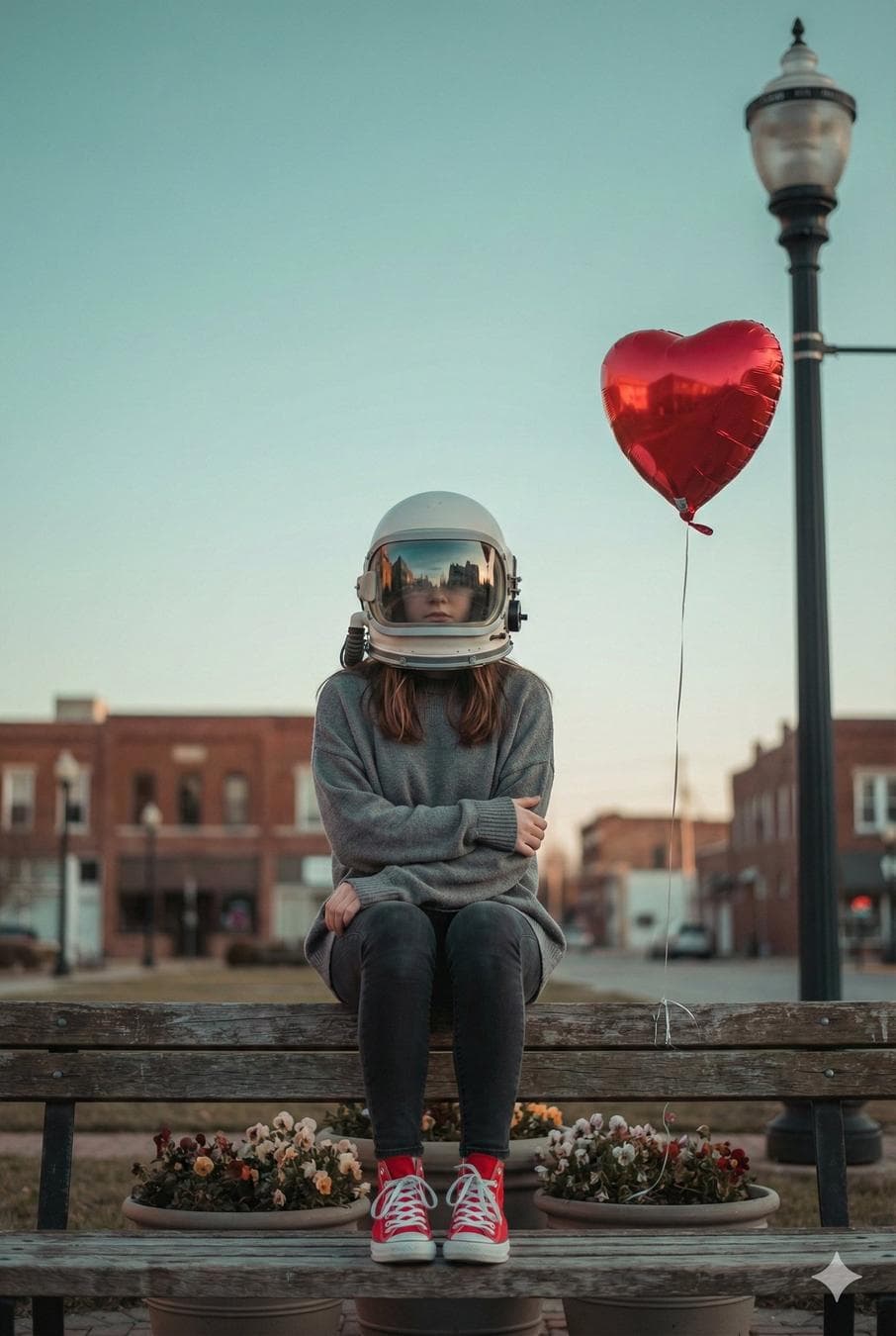 { "image_type": "photograph", "orientation": "vertical", "aspect_ratio": "2:3", "composition": { "framing": "centered subject with strong vertical symmetry", "rule_of_thirds": "subject centered vertically, balloon positioned upper-right third", "depth": "moderate depth of field with softly blurred background", "leading_elements": "bench slats and lamppost create vertical and horizontal structure", "negative_space": "open sky occupying upper half of frame" }, "primary_subject": { "description": "young person seated on a wooden park bench wearing an astronaut helmet", "pose": "seated, knees together, arms folded inward, posing towards camera", "emotion": "introspective, melancholic, whimsical loneliness", "clothing": { "top": "oversized gray sweater", "bottom": "dark skinny jeans", "footwear": "red high-top sneakers with white laces", "accessories": "vintage-style astronaut helmet" } }, "secondary_subjects": [ { "type": "object", "description": "red heart-shaped helium balloon", "position": "upper right, tethered to lamppost", "symbolism": "love, longing, fragility" }, { "type": "environment_object", "description": "classic street lamppost", "position": "right side of frame", "function": "anchor point for balloon string" } ], "environment": { "location_type": "urban park or public square", "foreground": "flower pots with small blooming flowers beneath bench", "background": "low-rise buildings and distant urban elements", "sky": "clear with soft gradient" }, "color_palette": { "dominant_colors": [ "muted teal sky", "warm brown wood", "charcoal gray clothing" ], "accent_colors": [ "vivid red balloon", "bright red sneakers" ], "overall_tone": "muted with selective saturation" }, "lighting": { "type": "natural light", "time_of_day": "golden hour or late afternoon", "direction": "soft ambient, slightly directional from left", "contrast": "low to medium", "highlights"…