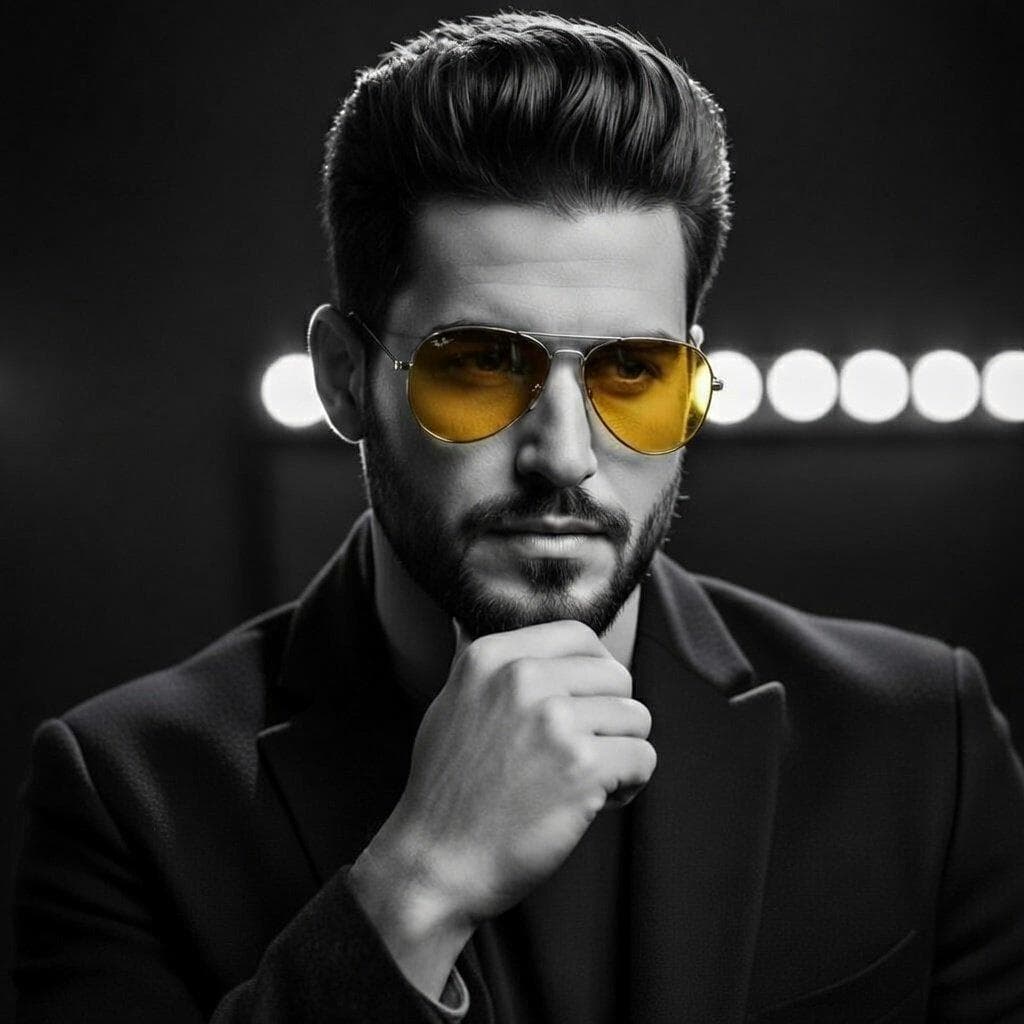 { "objective": "Create a dramatic, high-contrast cinematic portrait of a stylish young man in a premium black suit with selective warm lighting and intense mood", "subject": { "type": "Young adult male", "age_appearance": "25-30", "hair": "Black, voluminous, slicked back pompadour style, perfectly styled with high shine", "facial_hair": "Well-groomed short boxed beard and mustache", "expression": "Intense, confident, serious, slightly mysterious", "pose": "Hand under chin thoughtful/contemplative pose, looking directly at camera", "accessories": { "sunglasses": "Classic aviator style, gold metal frame, strong yellow/orange tinted lenses", "clothing": { "outerwear": "Premium matte black tailored blazer/jacket, sharp lapels, high-end luxurious fabric texture", "innerwear": "Dark charcoal or black crew-neck t-shirt" } } }, "lighting": { "style": "Cinematic studio lighting", "main": "Strong side and rim lighting creating deep shadows and dramatic highlights", "background": "Dark gradient with circular warm spotlight array (vanity/makeup studio lights)", "contrast": "Very high contrast, deep blacks, bright highlights on face and hair", "mood": "Moody, masculine, powerful, film-noir inspired" }, "composition": { "framing": "Tight mid-close-up portrait, head and shoulders", "angle": "Slightly below eye level for commanding presence", "depth_of_field": "Shallow, sharp focus on face and sunglasses, soft background" }, "color_palette": { "dominant": "Black & deep charcoal", "accents": "Warm yellow-orange from sunglasses lenses and background…