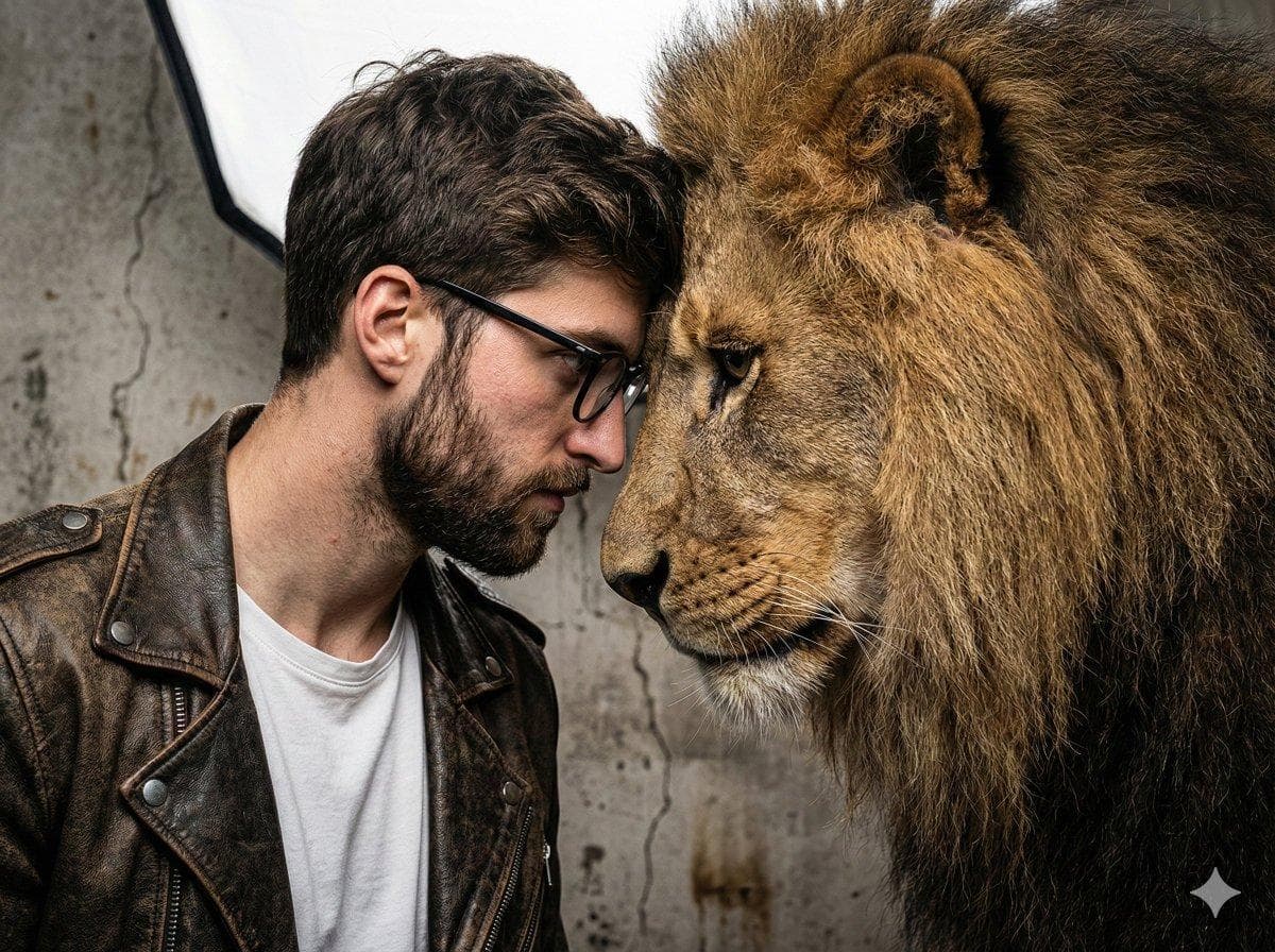 A gritty, intense portrait of a man, a friend of real lion, captured in a raw, hyper-realistic style. The background is a textured, neutral concrete wall, keeping the environment simple and industrial. Lighting is soft and diffuse, provided by a large octagon softbox, mimicking overcast daylight. The camera is a Canon EOS R5 with an 85mm f/1.2 lens. The subject, with the [face from reference image], is forehead-to-forehead with the lion, displaying a deep bond. He wears a distressed leather motorcycle jacket and a white t-shirt…