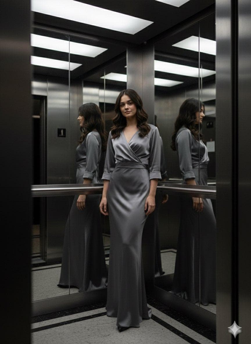 { "render_goal": "Contemporary cinematic fashion portrait", "subject": { "pose": "female standing inside a luxury elevator", "expression": "subtle confident smile" }, "wardrobe": "sleek satin gown in muted graphite tone", "environment"…