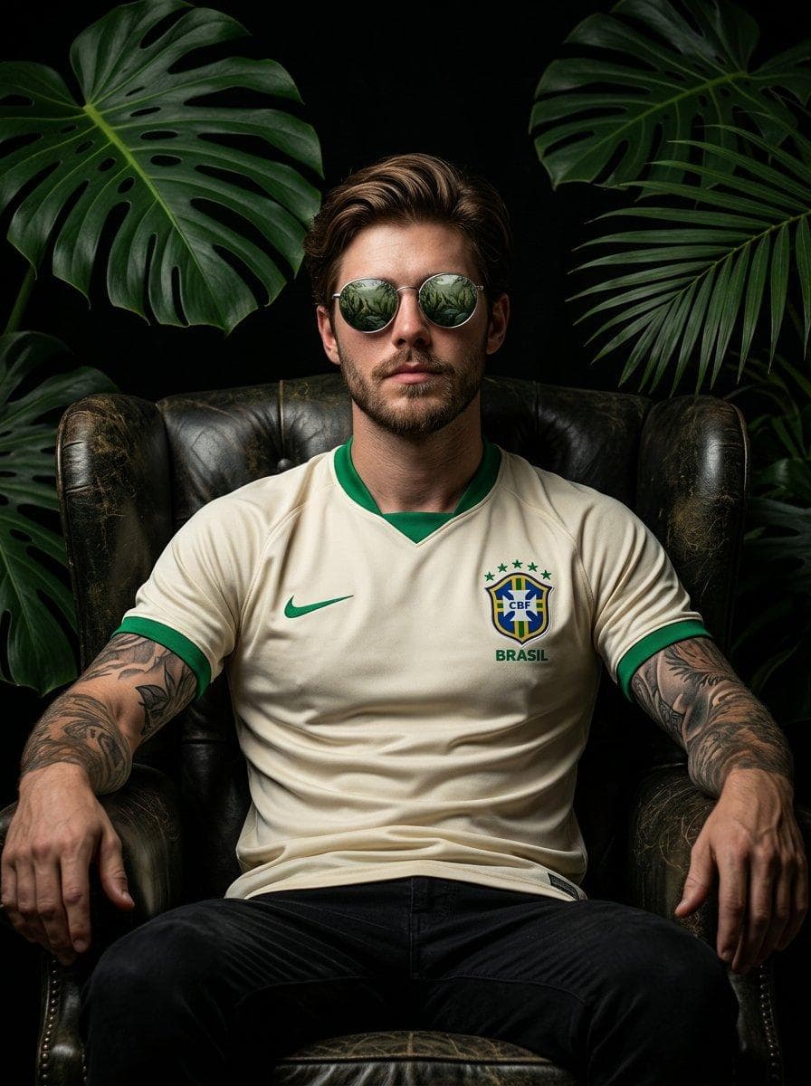 Cinematic portrait of a confident football player sitting on a dark armchair, tropical jungle leaves surrounding him, dramatic low-key lighting, black background, moody atmosphere, wearing a cream Brazil football jersey with green accents, athletic build and trimmed beard, tattoos on arms, relaxed powerful pose with arms resting on chair…
