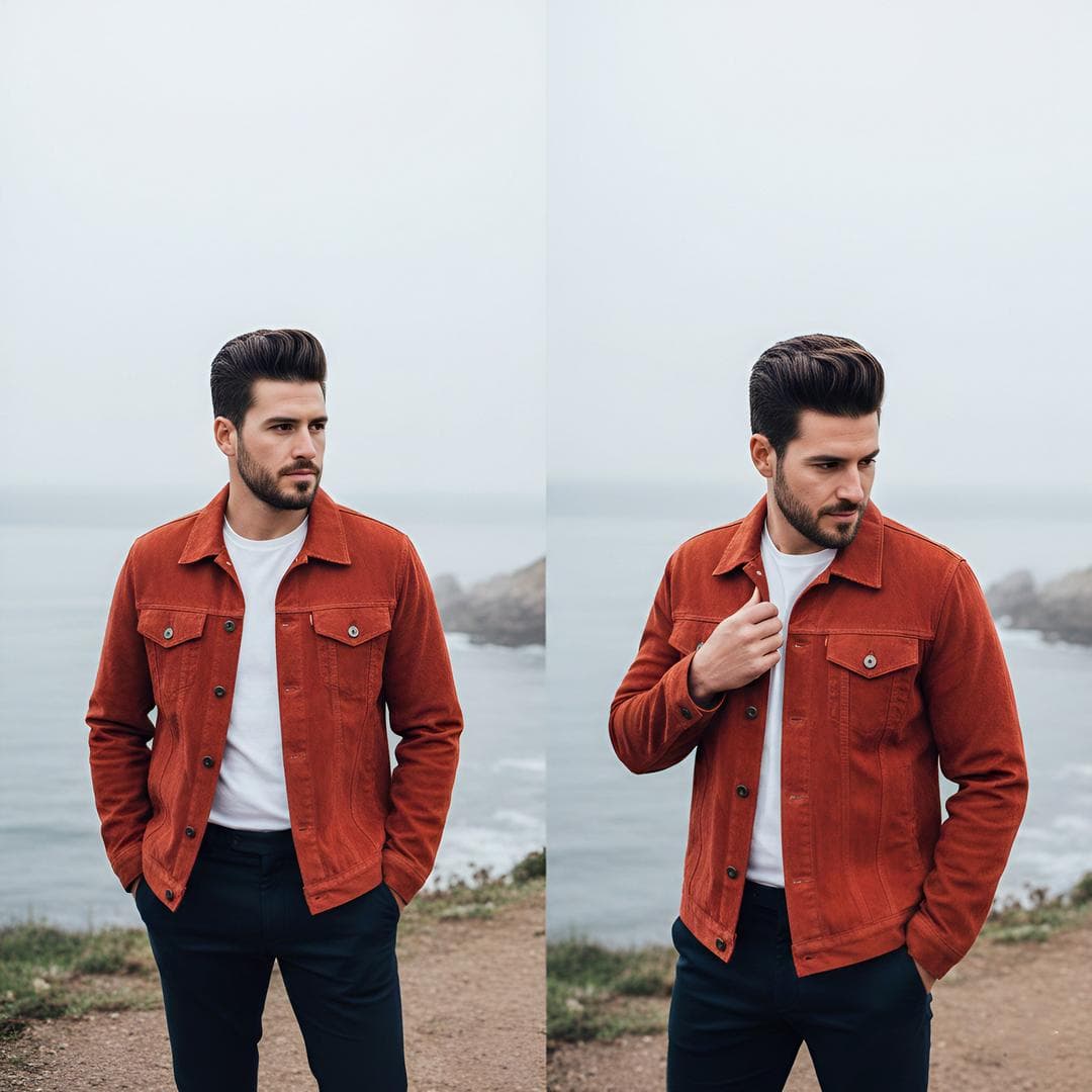{ "image_description": "A high-quality side-by-side comparison of a handsome man posing on a coastal cliffside.", "subject": { "gender": "male", "appearance": "mid-30s, well-groomed beard, thick dark hair styled in a modern voluminous pompadour", "poses": [ "standing with hands in pockets looking away from the camera", "standing with one hand adjusting the collar of his jacket" ] }, "outfit": { "outerwear": "burnt orange or rust-colored corduroy trucker jacket with metal buttons", "base_layer": "crisp white crew-neck t-shirt", "bottoms": "dark navy blue or black slim-fit trousers" }, "setting": { "location": "rugged coastal cliff overlooking the ocean", "background": "misty horizon, calm sea, rocky shoreline"…
