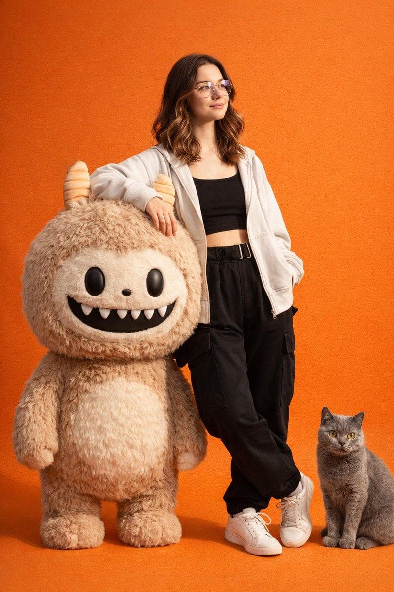 Create a hyper-realistic, high-detail studio photoshoot featuring the same person from the reference photo with the exact facial features, skin tone, hairstyle, proportions, and identity fully preserved (no changes to face or structure). She is wearing stylish Gen-Z fashion attire trendy, minimal, modern streetwear. She is leaning casually on a realistic, fluffy, life-sized Labubu character, rendered in soft fur texture with playful expression. A British Shorthair cat sits or poses nearby, also hyperrealistic with detailed fur and natural posture. The entire scene is set against a smooth, seamless…