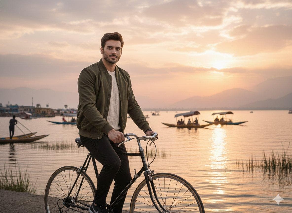 A realistic cinematic photograph of a handsome man riding a bicycle along the edge of Dal Lake at sunset, wearing an olive-green jacket over a light sweater, black trousers and dark shoes. He has short styled hair and a trimmed beard, looking calmly toward the camera with a slight confident expression. Warm golden-hour light reflecting on the lake, traditional shikara boats with people rowing in the background, soft ripples in…