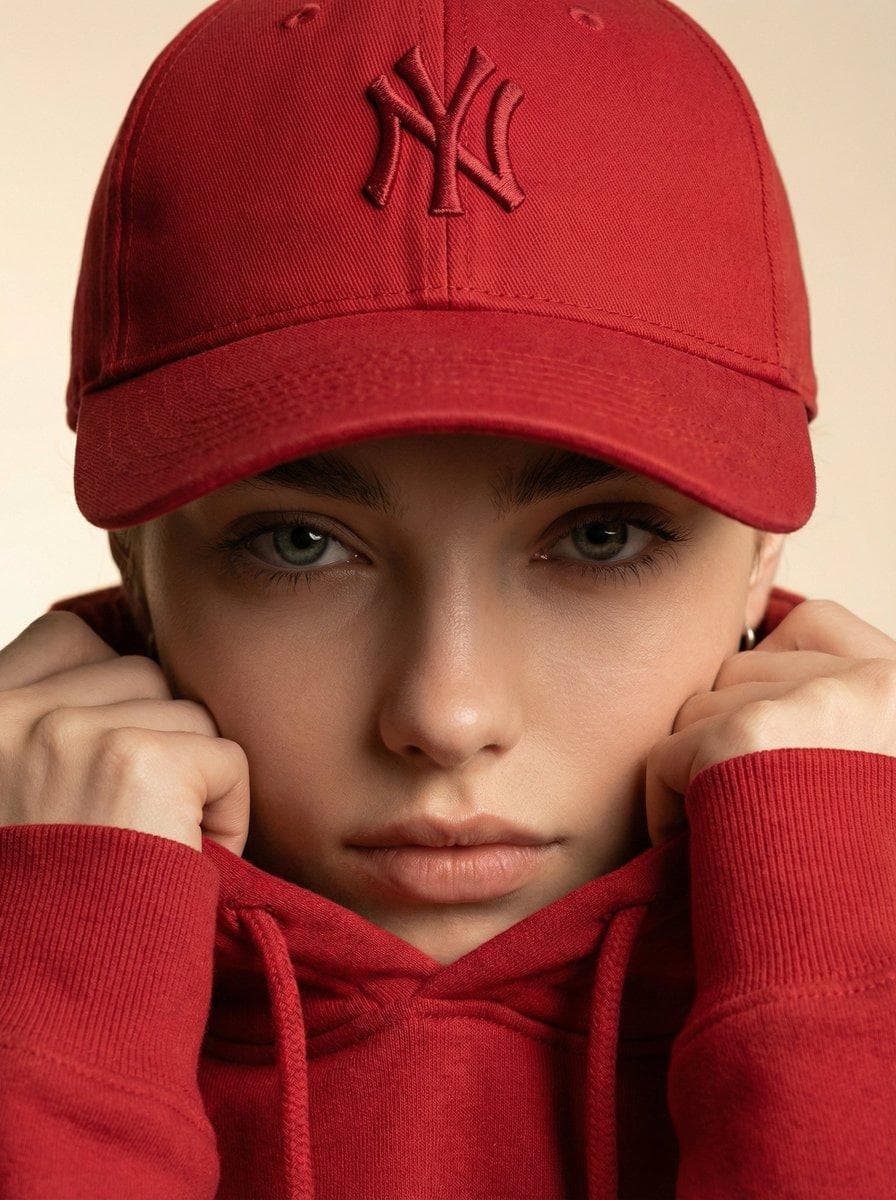 Ultra-realistic fashion beauty crop of a female model wearing the reference red baseball cap and matching red hoodie. Framing: Tight portrait crop from nose to forehead, cap and eyes filling the frame. Focus: The embroidered logo perfectly centered above the model’s eyes, stitching detail and thread depth clearly visible. Pose: Model gripping the hoodie collar softly with both hands, creating subtle fabric folds. Lighting: Soft frontal studio light with faint shadow sculpting on cheekbones and under the cap…