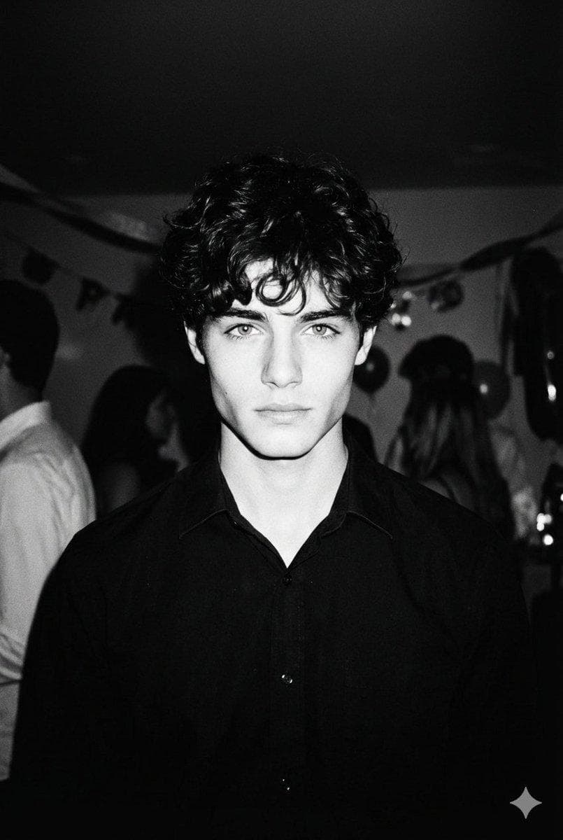 High-contrast black and white photo taken with a 1990s disposable camera at a dark house party. A handsome young man with dark, curly hair and a sharp jawline is staring directly into the lens. Focus on the eyes: intense, light-colored irises with a piercing, predatory gaze, slightly heavy-lidded (siren eyes), reflecting the harsh camera flash…