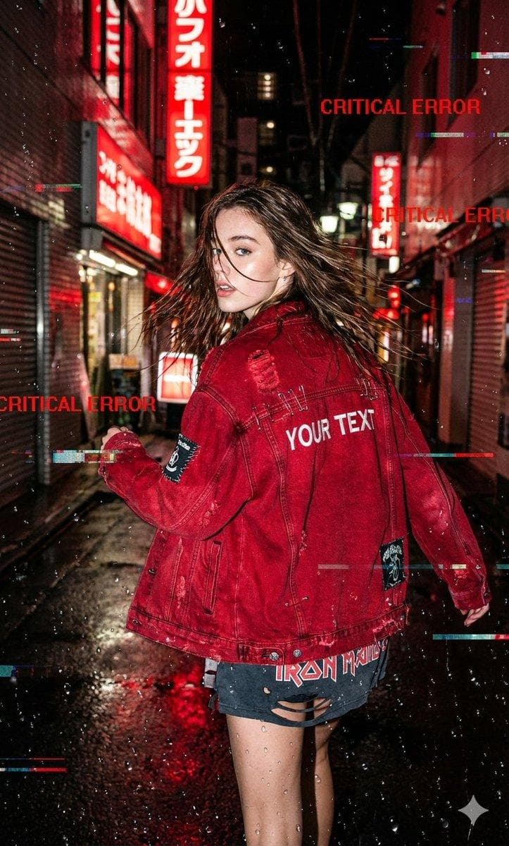 A raw, candid street-style shot of reference running through a rain-soaked Neo-Tokyo alleyway, glancing over her shoulder. She is wearing an oversized "Crimson Red" distressed denim jacket with safety pins and patches, the [YOUR TEXT] branding is embroidered in white on the back. Underneath, a torn band tee. Raindrops on the camera lens create natural distortion. The background is blurred red neon signs…