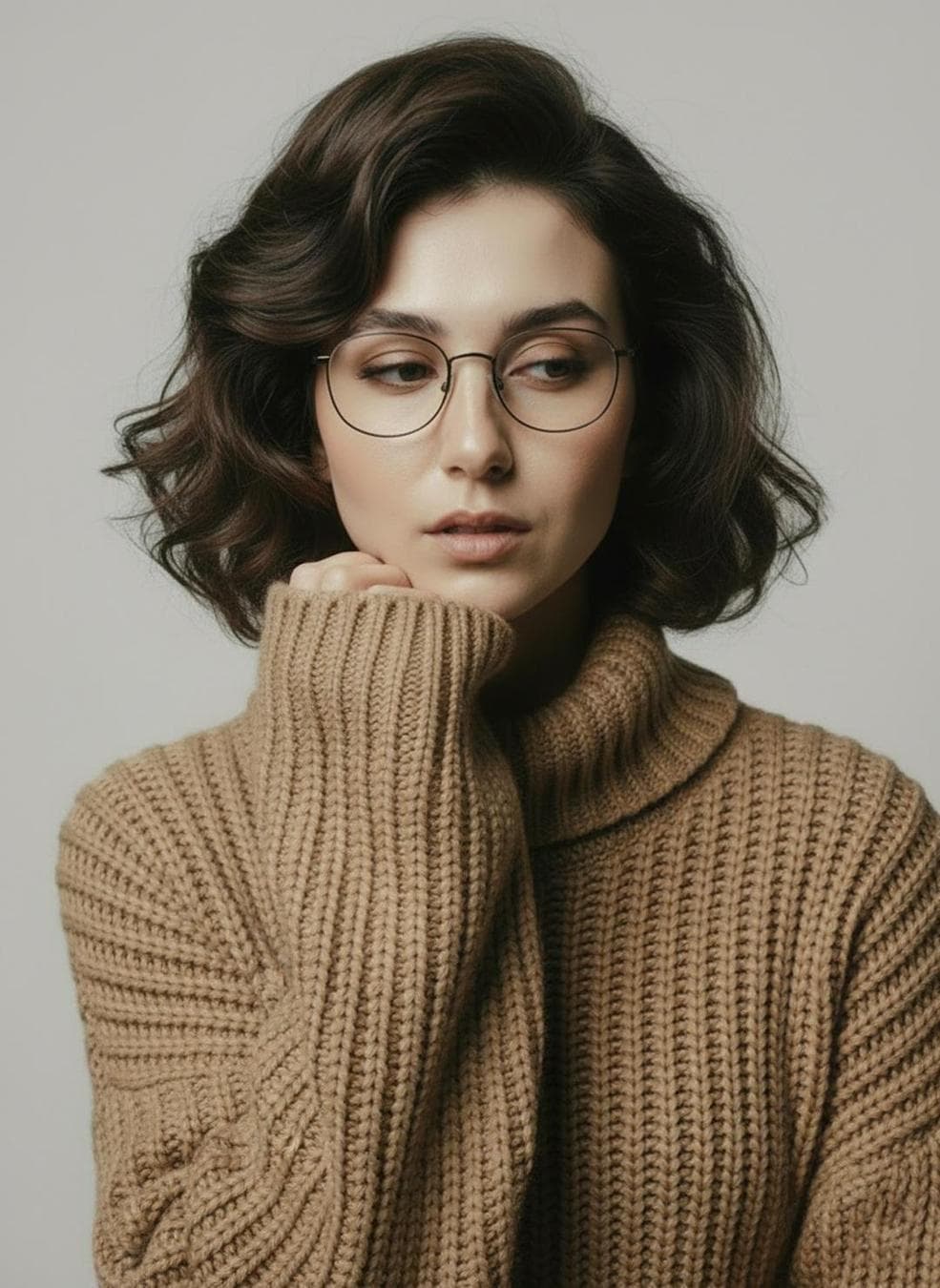 { "Objective": "Create a minimalist fashion studio portrait series with a calm, Scandinavian editorial mood", "PersonaDetails": { "Subject": { "Type": "Young woman", "Hair": "Short, softly waved dark-brown hair", "Accessories": "Thin round eyeglasses", "Expression": "Calm, introspective", "Skin": "Natural skin texture with minimal retouching" } }, "Wardrobe": { "Top": "Chunky camel-colored knit turtleneck sweater", "Bottom": "Beige trousers", "Style": "Timeless autumn fashion" }, "SceneDescription": { "Environment": "Minimalist studio", "Background": "Neutral off-white backdrop", "OverallFeel": "Clean, airy, understated" }, "PortraitSeries": { "SeriesType": "Four-image set", "Poses": [ { "Description": "Seated pose with hands gently clasped under the chin", "Mood": "Quiet, reflective" }, { "Description": "Front-facing portrait with eyes lowered", "Mood": "Soft, contemplative" }, { "Description": "Three-quarter side profile with arms crossed", "Mood": "Poised, thoughtful" }, { "Description": "Close-up portrait with sweater sleeve raised near the face", "Mood": "Intimate, tactile" } ] }, "Composition": { "Framing": "Varied framing from close-up to mid-length", "NegativeSpace": "Generous, balanced negative space", "DepthOfField": "Shallow depth of field for gentle separation" }, "LightingAndColor": { "Lighting": "Soft, diffused studio lighting", "Highlights": "Subtle, natural highlights", "ColorPalette": "Muted warm neutrals (camel, beige, off-white)" }, "ArtDirection": { "Style": "Scandinavian editorial photography"…