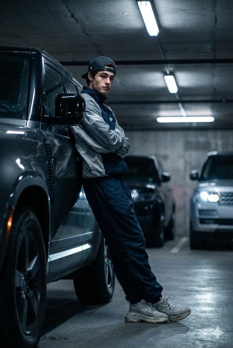 Hyper-realistic low-angle closeup front shot of a young man use image uploaded leaning against a Land Rover Defender in a dim basement garage. Wearing oversized Nike wind cheater, baggy basketball pants, Adidas chunky sneakers, basketball cap. Hands crossed, attitude gaze. Luxury…