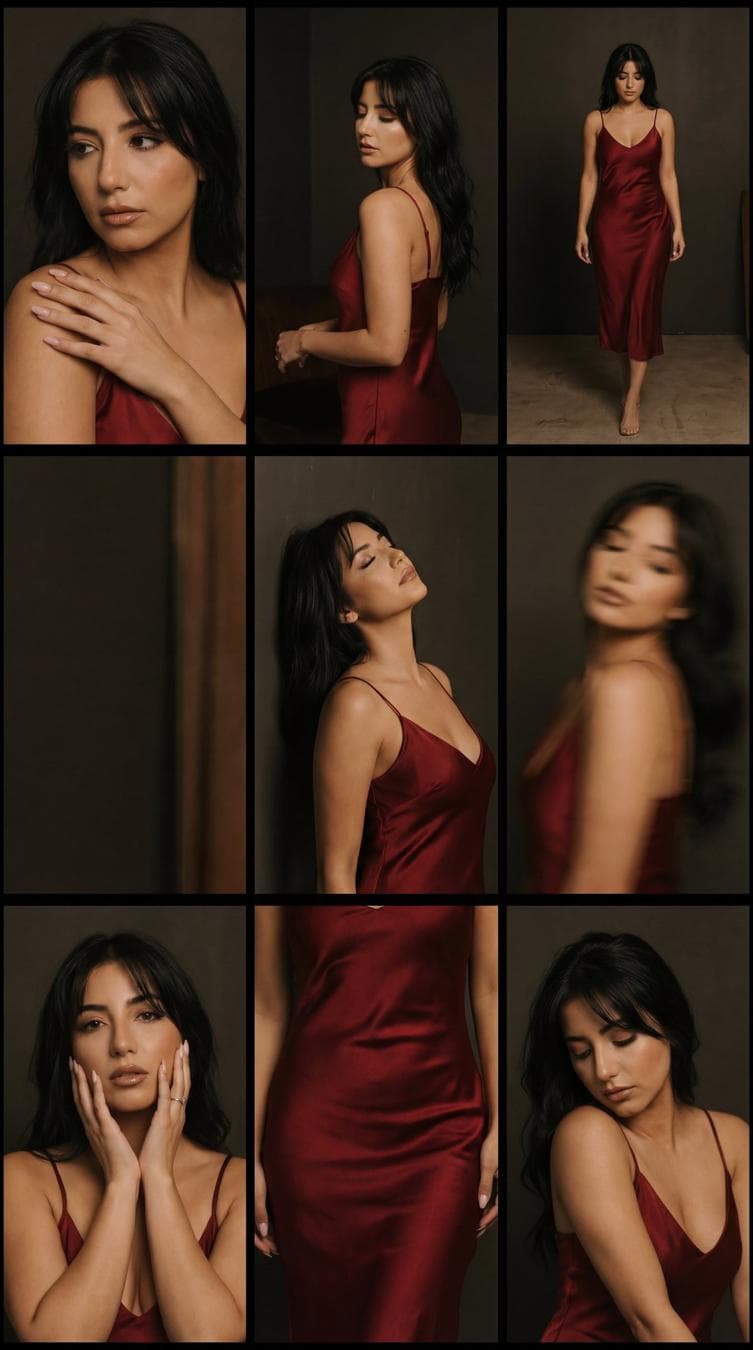 { "generation_request": { "meta_data": { "tool": "NanoBanana Pro", "task_type": "photoreal_cinematic_fashion_contact_sheet", "version": "v1.0_RED_DRESS_INTIMATE_EDITORIAL_3x3_NO_TEXT", "priority": "highest" }, "references": { "reference_image_1": { "source": "UPLOAD_REFERENCE_IMAGE (OPTIONAL)", "purpose": "FACE_IDENTITY_LOCK", "strict_lock": true, "face_similarity_priority": "MAX", "no_identity_blending": true, "no_beautify": true, "preserve_skin_texture": true, "preserve_facial_proportions": true } }, "output_settings": { "aspect_ratio": "1:1", "resolution_target": "ultra_high_res", "render_style": "cinematic_fashion_editorial", "sharpness": "soft_cinematic_focus", "film_grain": "subtle_analog_35mm", "dynamic_range": "natural_not_hdr", "color_grade": "muted_warm_reds_dark_neutrals", "skin_rendering": "real_skin_microtexture_no_plastic" }, "layout": { "type": "contact_sheet", "grid": "3x3", "spacing": "thin_clean_dividers", "panel_consistency": "same_subject_same_outfit_same_scene", "no_text_overlay": true }, "camera": { "camera_type": "full_frame_cinema_camera", "lens": "50mm_and_85mm_mix", "aperture": "f1.8", "depth_of_field": "shallow", "focus_behavior": "eyes_priority_some_frames_soft_motion", "processing": "no_ai_sharpening_no_hdr" }, "lighting": { "type": "low_key_cinematic_indoor_light", "source": "window_light_side_falloff", "contrast": "medium_to_low", "shadows": "soft_deep", "highlights": "controlled_skin_specular" }, "wardrobe_and_styling": { "dress": "deep_red_silk_satin_slip_dress", "fabric_behavior": "fluid_realistic_drape_soft_specular", "straps": "thin_delicate", "overall_style": "intimate_high_fashion_editorial" }, "hair_and_makeup": { "hair": "natural_loose_with_soft_bangs", "movement": "subtle_natural_motion", "makeup_style": "soft_editorial", "eyes": "natural_smoky_low_contrast", "lips": "muted_rose_nude", "skin_finish": "natural_luminous_real" }, "posing_and_storytelling": { "poses": [ "close_up_shoulder_touch", "mid_body_turning_away", "full_body_walking_away", "leaning_against_wall", "head_tilted_back_emotional", "eyes_closed_intimate", "soft_motion_blur_moment", "hands_touching_face", "dress_detail_closeup" ], "emotion"…