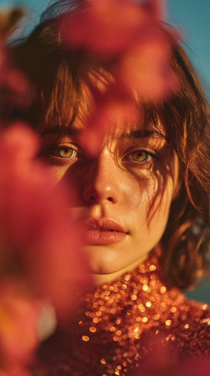 { "image_prompt": { "main_description": "Poetic cinematic close-up portrait of a young woman partially obscured by soft pink blossoms and petals in the foreground.", "subject_details": { "appearance": "Young woman, expressive green eyes, calm introspective expression, natural beauty", "skin_texture": "Ultra-realistic skin texture", "apparel": "Shimmering rose-gold high-neck dress that catches warm sunlight" }, "composition_and_framing": { "framing": "Close-up, face in sharp focus through gaps in the flowers", "foreground": "Soft pink blossoms and petals, soft blur", "background": "Deep blue sky, creamy bokeh", "depth": "Shallow depth of field" }, "lighting_and_color": { "lighting_source": "Golden-hour lighting", "effects": "Delicate shadows of petals across skin, dress catching…