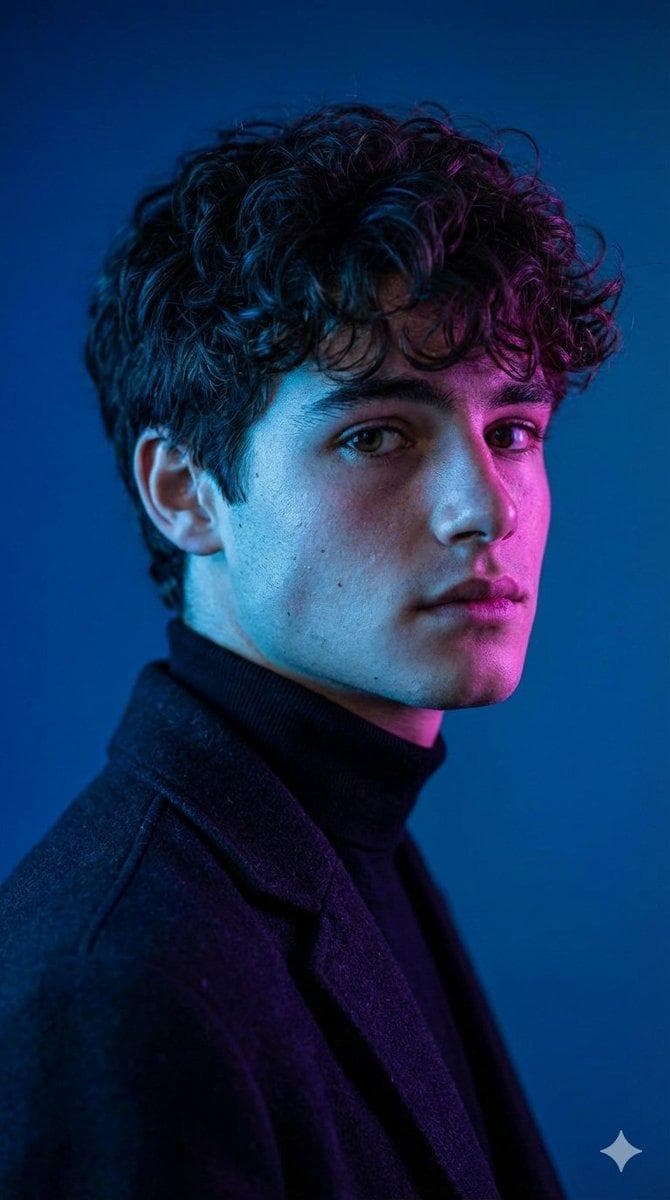 Ultra-realistic cinematic medium close-up portrait of the reference person, slightly turned to the side while looking toward the camera. Wearing a black turtleneck and dark jacket, modern and minimalist fashion style. Deep blue background with a smooth gradient, combined with contrasting magenta and blue lighting. Strong blue light coming from one side and magenta light from the opposite side, both colors…