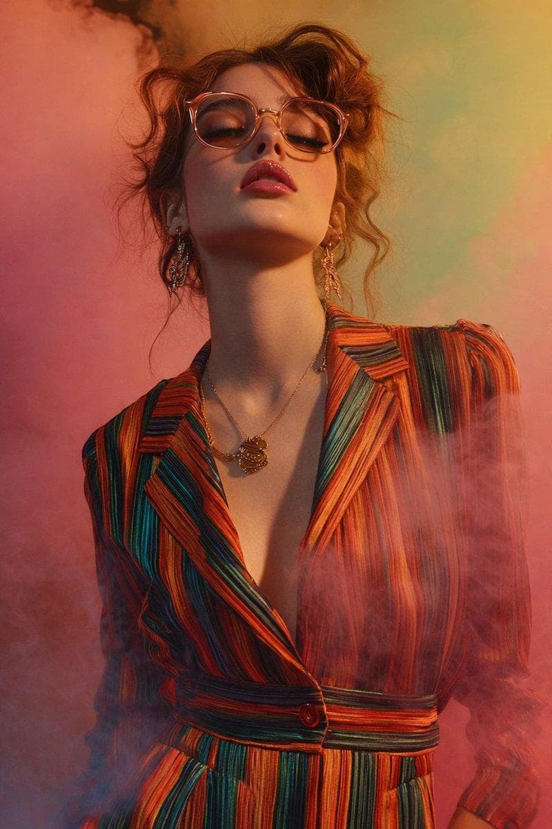 { "image_type": "fashion portrait photography", "resolution_target": "8K Ultra HD", "aspect_ratio": "vertical (portrait)", "composition": { "framing": "medium close-up portrait", "crop": "from upper chest to slightly above head", "subject_position": "centered", "camera_angle": "low angle, slightly upward-facing", "perspective": "dramatic upward perspective emphasizing neck and jawline", "depth_of_field": "shallow depth of field with soft background blur" }, "subject": { "gender_presentation": "female-presenting", "age_range": "young adult", "skin_tone": "fair/light", "pose": { "head_position": "tilted slightly back", "chin": "raised upward", "shoulders": "relaxed, facing forward" }, "facial_expression": { "eyes": "closed", "mouth": "slightly parted", "expression_mood": "calm, confident, introspective" }, "face_details": { "face_shape": "oval", "jawline": "soft but defined", "cheekbones": "subtly defined", "skin_texture": "smooth, evenly lit" } }, "hair": { "color": "reddish-brown / auburn", "length": "medium", "style": "loosely styled with soft waves", "texture": "slightly tousled", "flyaways": "visible loose strands around head and neck" }, "eyewear": { "type": "eyeglasses", "frame_style": "rounded", "frame_material_appearance": "translucent", "frame_color": "light amber / peach-tinted", "lens": "clear" }, "makeup": { "lip_color": "deep pink / rose", "lip_finish": "glossy", "eye_makeup": "subtle, warm-toned", "overall_style": "natural with emphasis on lips" }, "accessories": { "earrings": { "type": "dangling earrings", "material_appearance": "metallic", "design": "intricate, elongated" }, "necklace": { "type": "chain necklace", "pendant": "ornamental pendant", "material_appearance": "gold-toned metal" } }, "clothing": { "garment_type": "tailored jacket or dress with lapels", "neckline": "deep V-neck", "fit": "structured yet flowing", "fabric_texture": "smooth, slightly reflective", "pattern": "vertical multicolored stripes", "colors": [ "orange", "red", "green", "teal", "yellow" ], "buttons": "visible front button at mid-torso"…