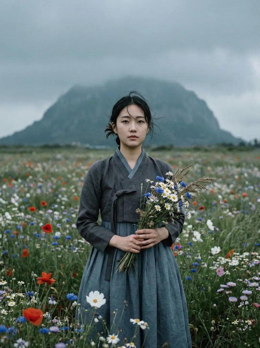 Ultra-realistic cinematic portrait of a young East Asian woman standing alone in a vast wildflower meadow. She is centered in the frame, facing the camera directly with a calm, introspective expression. She wears a traditional Korean hanbok in muted charcoal gray and soft blue tones, with natural fabric texture and subtle folds. Her dark hair is loosely tied back with a few strands gently blown across her face by the wind. She holds a small hand-picked bouquet of wildflowers—white daisies, blue cornflowers, and dry grass stems—clasped softly in both hands at waist level. The meadow is filled with colorful wildflowers (reds, whites, blues, purples) stretching into the distance. In the background, a large mist-covered mountain rises softly out of focus, partially obscured by low clouds and fog, creating a moody, atmospheric depth. Overcast sky with soft…