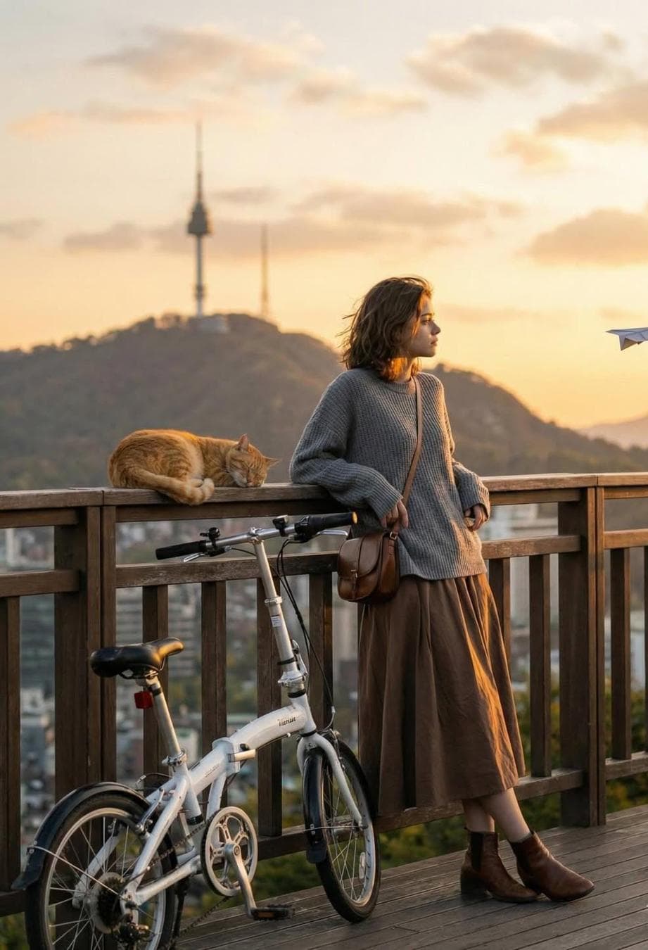 A cinematic golden-hour photograph of a young woman standing on a wooden viewpoint balcony overlooking a city, leaning casually against the railing. She wears an oversized grey knitted sweater, a long brown skirt, and brown ankle boots, with a small leather crossbody bag. A white folding bicycle rests beside her, and an orange cat sleeps peacefully on the wooden railing next to her. In the background, soft-focus hills with a tall communication…