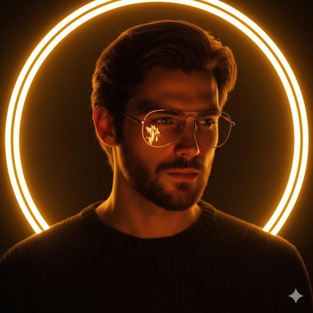 Cinematic portrait of a handsome young man with short styled hair and a trimmed beard, wearing thin metal aviator glasses, softly illuminated by a glowing golden circular halo behind his head. Warm amber lighting, dramatic low-key background, shallow depth of field, hyper-realistic skin texture, subtle reflections in the glasses, moody and futuristic…