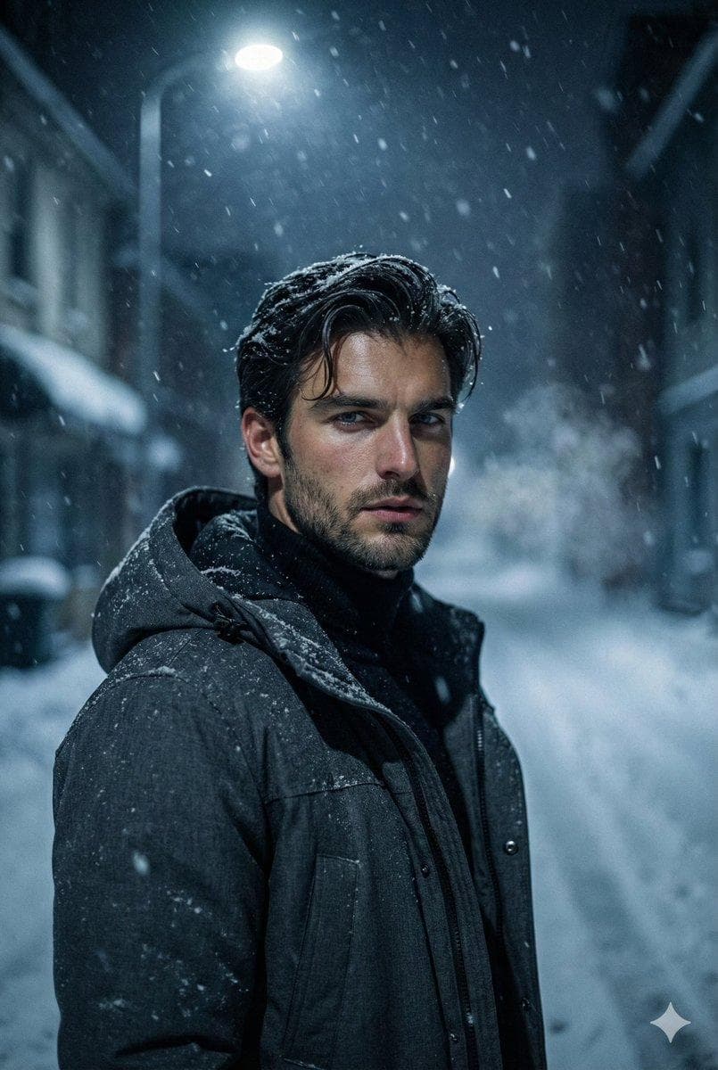 Ultra realistic cinematic portrait of a young man with sharp masculine features and light stubble, snow dusted hair slightly longer and pushed back, calm but intense eyes looking slightly away from the camera, wearing a charcoal hooded winter jacket layered over a black turtleneck, standing in a deserted snowy street at night, heavy snowfall swirling around him, snowflakes catching light mid air, cold breath visible, dim ambient street lighting with a single overhead lamp casting soft shadows, background filled with snow covered buildings and faint fog, low key lighting with cool blue tones, subtle rim light…