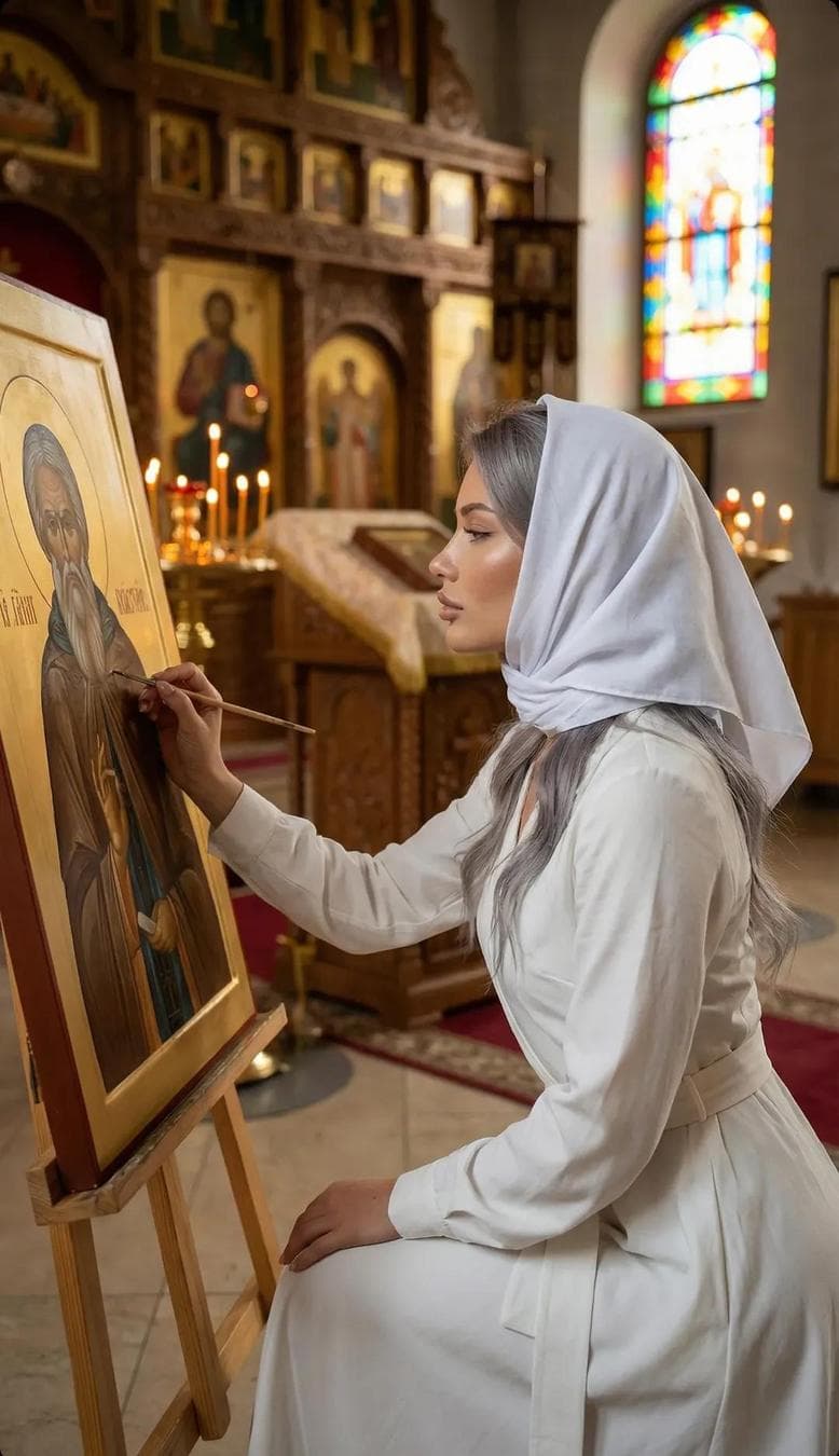 A high-realism, professional editorial photograph inside an Orthodox church. A young woman with natural facial proportions and a calm, focused expression is kneeling on the stone floor, seated back on her heels. She wears an elegant white long-sleeve dress with a high neckline and a fabric belt tied at the waist; the fabric shows realistic folds, weight, and subtle texture. Her head is modestly covered with a traditional white headscarf (kosynka), softly draped and slightly translucent at the edges. She is positioned in right side profile, holding a thin paintbrush in her right hand, carefully applying paint to a large Orthodox icon placed on a wooden easel in front of her. The brush gently touches the icon's surface, emphasizing a moment of concentration and reverence. The icon depicts an elderly Orthodox saint with a long grey beard, dressed in traditional liturgical garments, with a softly glowing golden halo. Cyrillic inscriptions are visible on the icon, including "IC XC" and other Church Slavonic lettering. The saint holds a small icon in his hands. The painted surface shows realistic craquelure, brush strokes, gold leaf imperfections, and aged varnish. Background: a richly decorated iconostasis filled with golden icons set in arched frames, carved wooden details, burning candles and hanging oil lamps. On the right side, a tall arched stained-glass window casts soft multicolored light onto the floor, creating subtle rainbow reflections. On the left, part of the altar is visible with a cross and additional icons. Lighting is warm, layered, and atmospheric — golden…