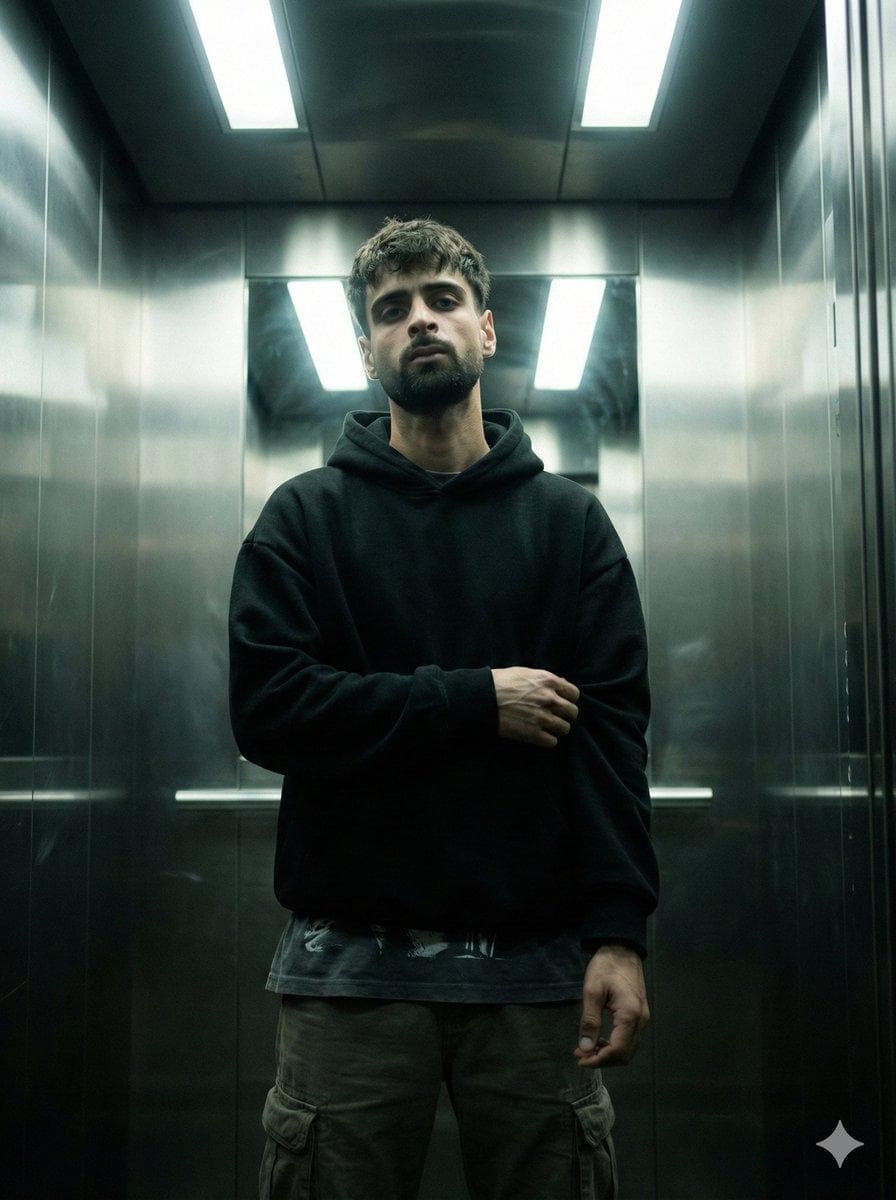 { "genre": "cinematic urban realism", "mood": ["tense", "cold", "isolated", "quiet intensity"], "theme": "a man caught in a moment of silence inside a sterile industrial elevator" }, "subject": { "description": "young man with calm intense expression", "face": { "skin": "natural pores, realistic texture, slight under-eye shadow, no retouching", "beard": "short trimmed beard, natural density", "expression": "neutral but intimidating, relaxed jaw, eyes locked on camera" }, "hair": { "style": "messy short crop", "detail": "slight volume on top, natural uneven strands, not styled too clean" }, "pose": { "body_language": "still and grounded, subtle confidence", "hands": "one arm folded across torso, other arm relaxed downward", "stance": "centered, shoulders slightly forward, minimal movement" } }, "wardrobe": { "top": "oversized black hoodie, heavy fabric, matte texture", "layering": "dark graphic tee slightly visible below the hoodie hem", "bottom": "dark cargo pants with stitched pockets", "styling_notes": "streetwear minimal, clean silhouette, no bright branding" }, "environment": { "location": "metal elevator interior", "materials": ["brushed stainless steel walls", "reflective panels", "subtle fingerprints and smudges"], "lighting_elements": "overhead fluorescent light panels", "atmosphere": "thin mist/smoke floating around subject, faint haze near corners", "background": "no extra people, no clutter, clean symmetrical elevator geometry" }, "cinematography": { "shot_type": "medium-full portrait", "framing": "perfect symmetrical centered composition", "camera_angle": "slightly low angle for dominance and tension", "lens": { "focal_length": "35mm", "look": "cinematic wide portrait with depth", "distortion_control": "minimal distortion, straight vertical elevator lines" }, "depth_of_field": { "aperture": "f/2.8", "focus": "sharp focus on eyes and face", "falloff": "soft background blur but still readable environment" } }, "lighting": { "type": "overhead harsh fluorescent top-light", "contrast": "medium-high with deep shadows under jaw and hoodie folds", "highlights": "soft bloom on metallic walls, controlled, not blown out", "fill": "very subtle ambient bounce to keep facial details visible", "notes": "keep lighting realistic and slightly underexposed for cinematic tension" }, "color_grade": { "style": "dark cinematic teal-green industrial grade", "shadows": "cool teal tint", "highlights"…