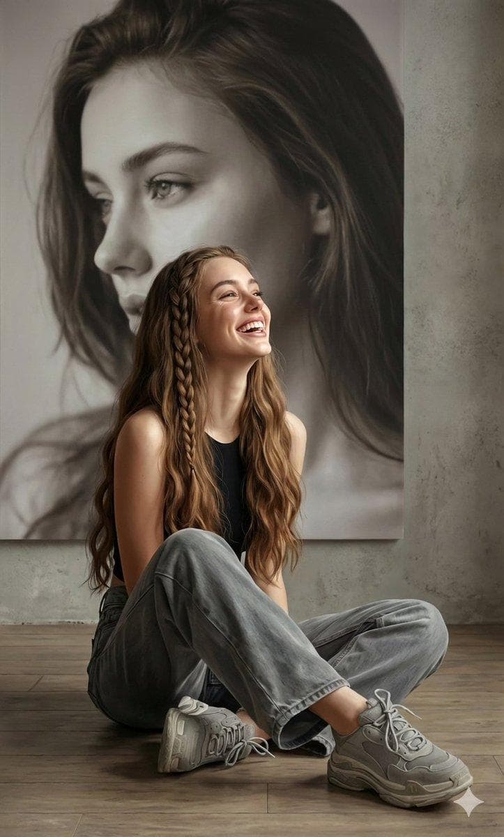 Using the provided photos, create a highly detailed, professional, hyperrealistic art portrait, keeping the face intact. The woman sits elegantly on the floor, wearing a modern black top, soft, loose gray jeans, and chunky, fashionable gray sneakers. She has long, wavy, waist-length hair, half of which is braided. She has a laughing expression, and her gaze is…