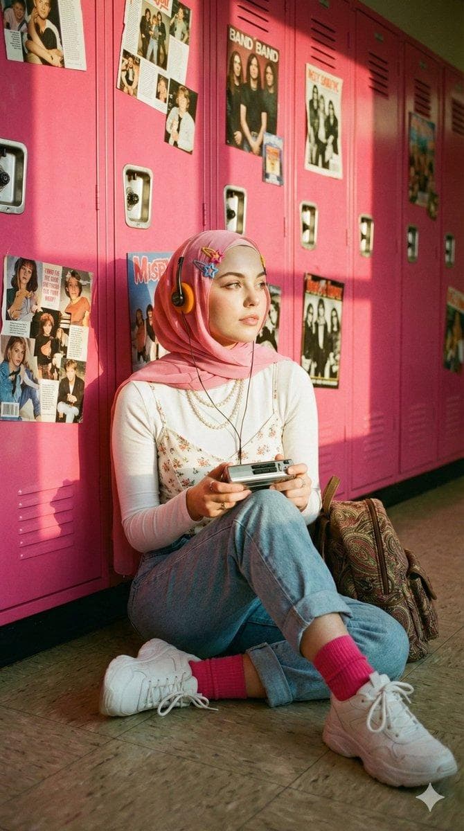 A cinematic, nostalgic portrait of a young hijab woman (use the reference photo) sitting cross-legged on the floor of a retro school hallway, bathed in warm, golden-hour sunlight. She has a soft, contemplative expression, gazing dreamily off-camera to the right. She wears a pink chiffon hijab adorned with colorful star-shaped hair clips on the left side.Her outfit is Y2K-inspired: a white long shirt layered under a white spaghetti-strap camisole with a delicate vintagefloral print, layered pearl necklaces, high-waisted light-wash denim jeans cuffed at the ankles, vibrant hot-pink ribbed socks, and chunky white sneakers. She holds a vintage silver cassette player in both hands and wears large, retro orange foam headphones. A woven paisley-patterned backpack sits next to her.The…