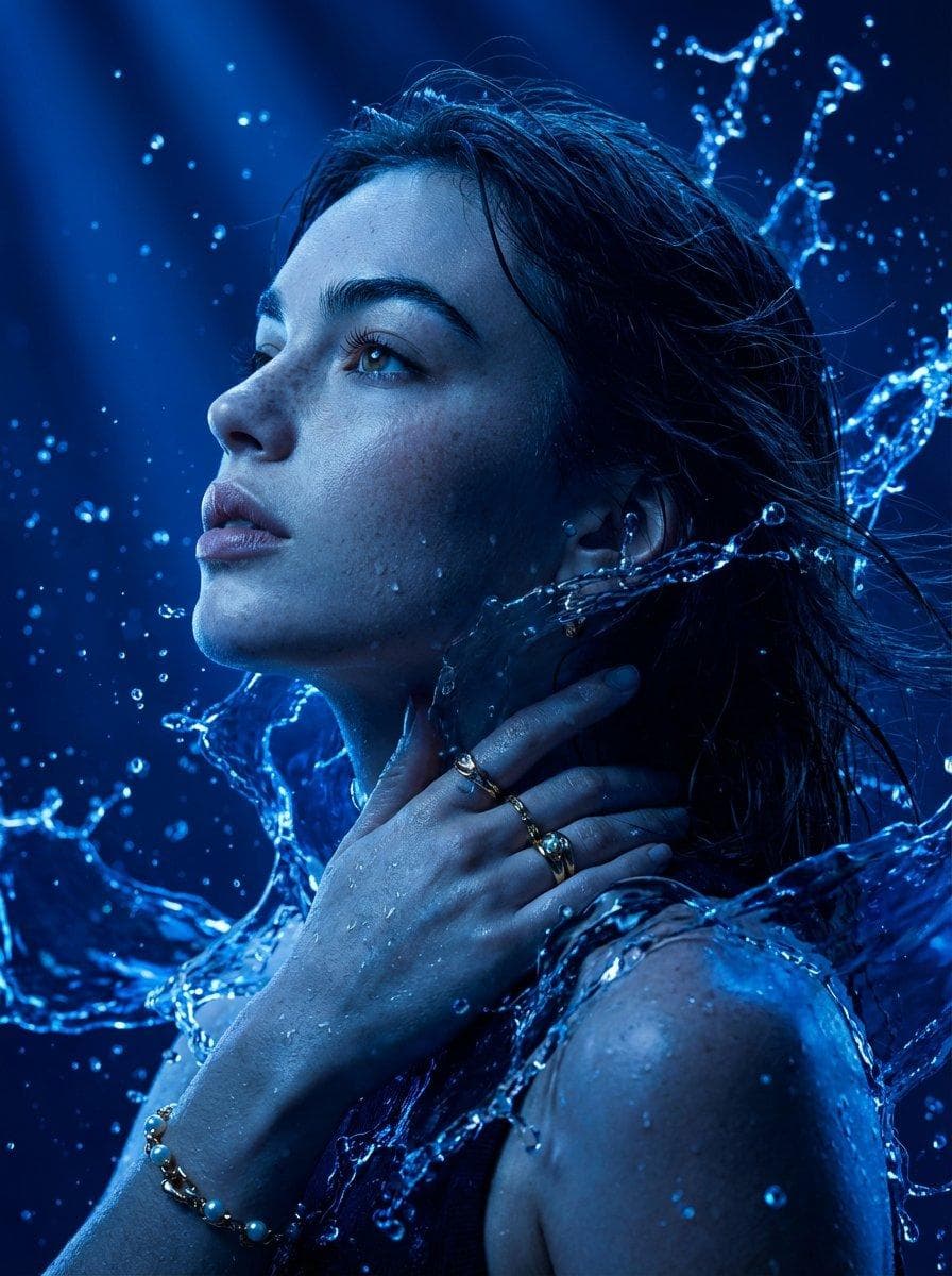 A hyper-detailed cinematic portrait of a human face use selected image for face reference in side profile, looking upward with a calm and powerful expression, the entire subject illuminated in deep electric blue light, water splashes and liquid energy wrapping around the head and shoulders, high contrast, dramatic lighting, ultra-realistic skin texture, fine…