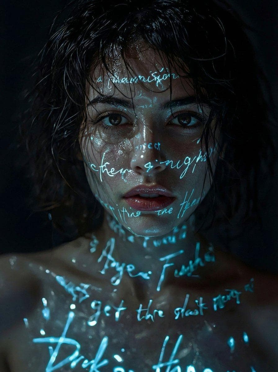 A cinematic, hyper-realistic close-up portrait of a mysterious young woman in darkness, wet skin glistening as if in rain. Neon blue glowing handwritten text and symbols are projected across her face and upper body, wrapping around her eyes, cheeks, lips, and collarbones like living poetry. Her intense gaze looks directly into the camera, eyes sharp and reflective. Damp, tousled hair frames her face, partially shadowed. The lighting is low-key and dramatic, with teal and cyan highlights illuminating her skin while the…