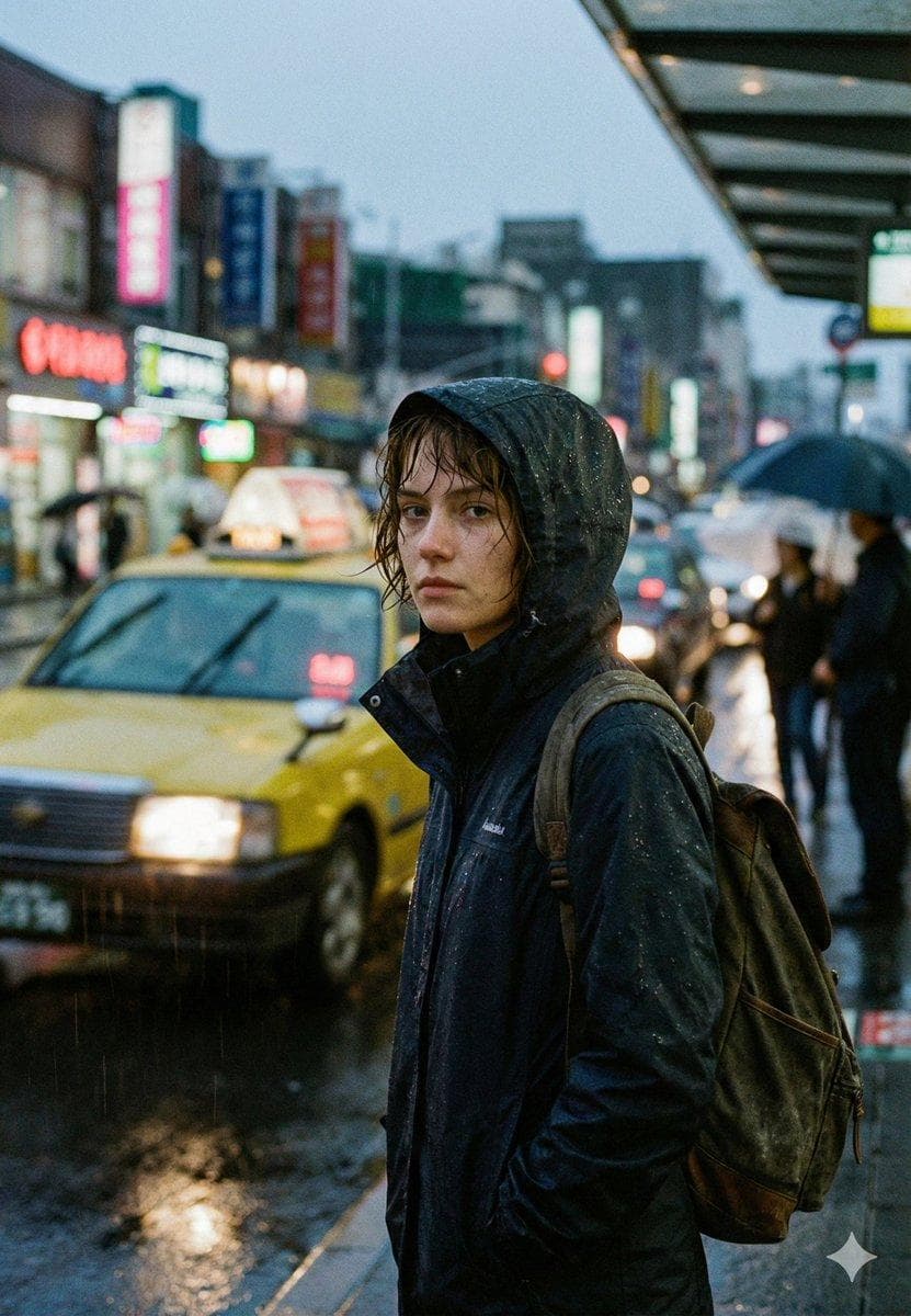 { "project_type": "cinematic_image", "title": "Rain Doesn’t Pause the City", "creative_direction": { "genre": "cinematic urban realism", "influences": [ "modern street photography", "neo-noir cinema", "documentary realism", "architectural urban mood" ], "emotion": [ "quiet loneliness", "introspection", "urban solitude", "calm under pressure" ] }, "scene": { "environment": "dense city street", "architecture": "mid-rise commercial buildings with neon signage", "time_of_day": "early evening, blue hour", "weather": { "type": "heavy rain", "details": "visible raindrops, wet surfaces, rain streaks in the air" }, "ground": "wet asphalt with reflective puddles" }, "subject": { "type": "single human subject", "description": "young woman standing alone on the sidewalk", "pose": "stationary, body angled slightly away from the camera, head turned toward lens", "expression": "neutral, distant, introspective", "wardrobe": { "outerwear": "dark hooded rain jacket", "accessories": ["backpack"], "condition": "rain-soaked fabric, visible droplets" }, "physical_details": { "hair": "wet, slightly messy, framing the face", "skin": "natural texture, no heavy retouching" } }, "background": { "elements": [ "yellow taxi with headlights on", "blurred moving traffic", "pedestrians holding umbrellas", "neon shop signs in multiple languages" ], "depth": "deep urban perspective with layered visual elements", "motion_effect": "subtle motion blur on vehicles and pedestrians" }, "cinematography": { "camera_type": "full-frame digital cinema camera", "lens": "35mm prime", "aperture": "wide open for shallow depth of field", "focus": "sharp focus on subject, background softly defocused", "camera_position": "eye-level, street perspective", "movement": "static frame, background motion creates contrast" }, "lighting": { "primary_source": "ambient city lighting", "secondary_sources": [ "vehicle headlights", "neon signs", "storefront lights" ], "lighting_style": "soft, diffused, natural", "contrast": "moderate…