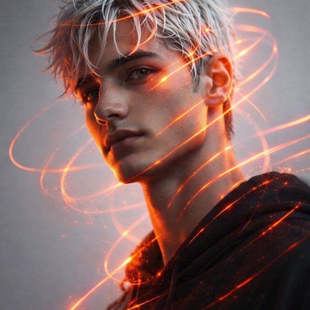 Portrait of a 21-year-old man of appearance with masculine facial features and white hair styled with a wet look. The camera angle is slightly from the side and below. Neutral facial expression, very light gray background. Orange-red glowing light and abstract luminous lines around the head, passing through the face and neck, creating a dynamic and high-tech effect. Futuristic atmosphere, professional…