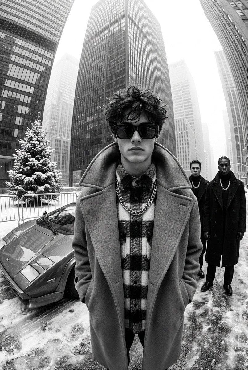 A black-and-white, high-contrast, ultra-glamorous street fashion editorial photograph taken with an ultra-wide-angle lens that creates the effect of a slight perspective deformation. A vertical composition in the center of a large urban space surrounded by high-rise buildings that rise up and converge to the center of the frame, forming a dramatic architectural geometry. It's a winter day, there is an uneven layer of snow and ice on the ground, the surface is matte, with the texture of frozen asphalt. The contrast is soft at the top of the frame due to the atmospheric haze. In the foreground is the young man standing closest to the camera. He's wearing large rectangular dark sunglasses. Hairstyle-short, with dense front styling, partially disheveled, slight asymmetry of strands. The emotion is neutral, serious, and the gaze is directed directly into the lens. He is wearing a voluminous long coat with a massive collar, under which multi-layered clothes are visible, including a thick shirt with a pronounced checkered texture. A large heavy chain with massive links hangs on the chest, visually dominating the composition. Behind, to the left and right of the man, there are two men dressed identically in dark ensembles: thick coats or jackets, smooth fabrics that emphasize a strict silhouette. They wear large chains of a similar type, stacked on top of clothes. They wear dark sunglasses. They stand statically, strictly, with their legs slightly apart, arms lowered or gathered in front of them. Their figures create balance on the sides of the frame. On the left behind there is a sports car with a low wide body and a pronounced…