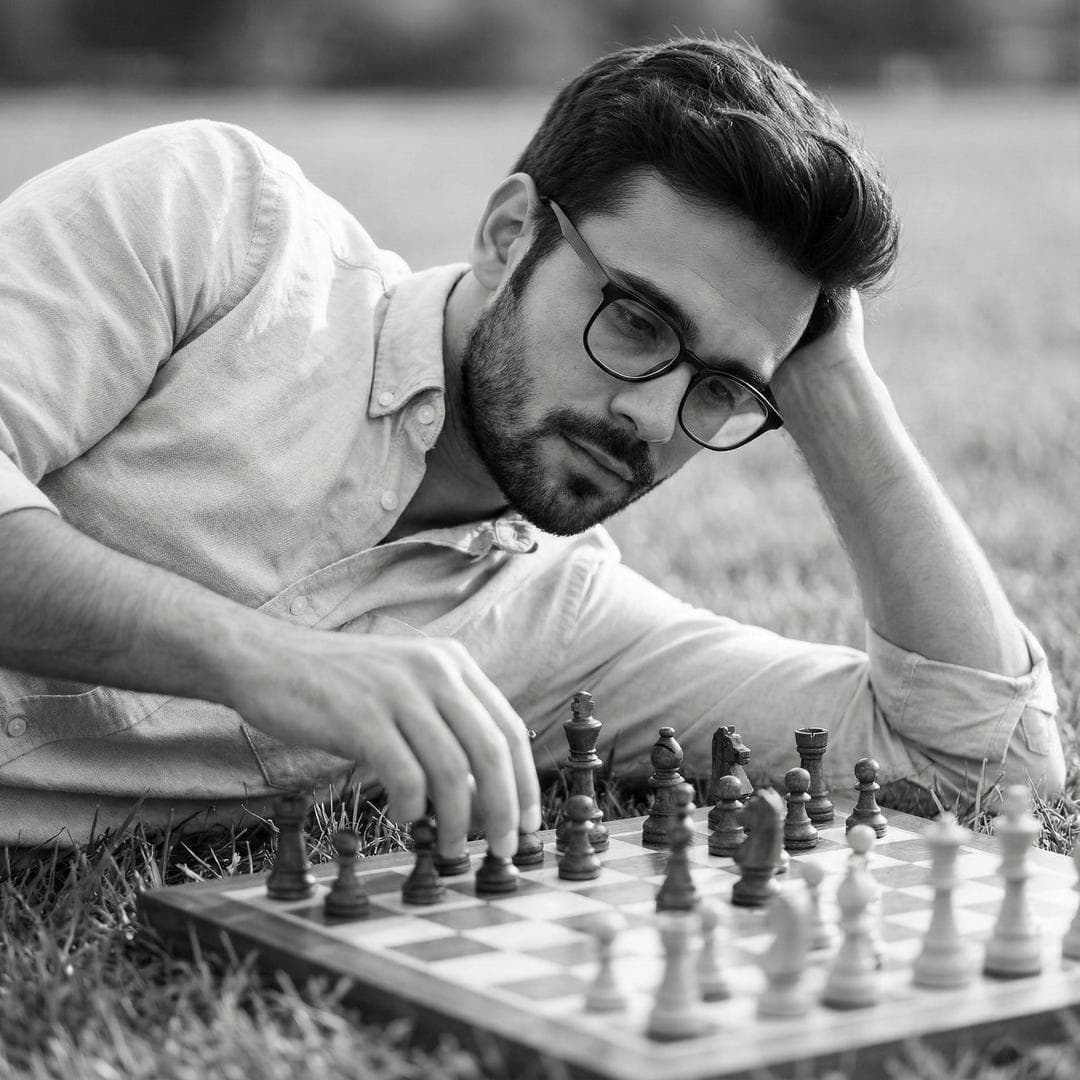 { "scene_overview": { "description": "A monochrome, contemplative portrait of a man lying on grass, resting his head on his forearm while gazing intently at a chessboard in the foreground.", "mood": "Introspective, calm, slightly melancholic, strategic contemplation", "style": "Fine art documentary portrait" }, "composition": { "camera_angle": "Low, ground-level perspective aligned with the chessboard", "framing": "Horizontal close-to-medium shot with strong foreground emphasis", "rule_of_thirds": "Subject’s eye positioned near the upper-left third; chess pieces dominate the lower foreground", "depth": "Shallow depth of field; foreground chess pieces partially blurred, subject’s face in sharp focus", "leading_elements": "Chessboard grid lines and aligned chess pieces lead the eye toward the subject’s face", "balance": "Asymmetrical balance between the heavy foreground objects and the subject’s head and arm" }, "subjects": { "primary_subject": { "type": "Adult male", "pose": "Lying on side with head resting on forearm", "expression": "Focused, thoughtful, slightly fatigued", "gaze": "Directed toward chessboard and pieces", "facial_hair": "Short, well-groomed beard", "hair": "Short, textured, slightly tousled", "clothing": "Light-colored, long-sleeve button-up shirt with visible fabric creases" }, "secondary_subjects": { "objects": [ { "type": "Chessboard", "material": "Wood", "pattern": "Classic checkered grid", "position": "Foreground, partially out of focus" }, { "type": "Chess pieces", "material": "Wood", "variety": "Mixed pawns and major pieces", "arrangement": "Mid-game configuration, scattered with strategic spacing" } ] } }, "environment": { "setting": "Outdoor grassy area", "ground_texture": "Short grass with visible blades and uneven natural texture", "background": "Minimal and softly blurred, no discernible structures or distractions" }, "lighting": { "type": "Natural light", "direction": "Soft side lighting from above-left", "contrast": "Moderate contrast with gentle highlights and smooth shadow falloff", "highlights": "Subtle highlights on forehead, cheekbone, and knuckles", "shadows": "Soft shadows under the arm, chin, and chess pieces" }, "color_and_tone": { "color_mode": "Black and white", "tonal_range": "Wide grayscale range from deep blacks to bright whites", "dominant_tones": "Mid-grays and soft…