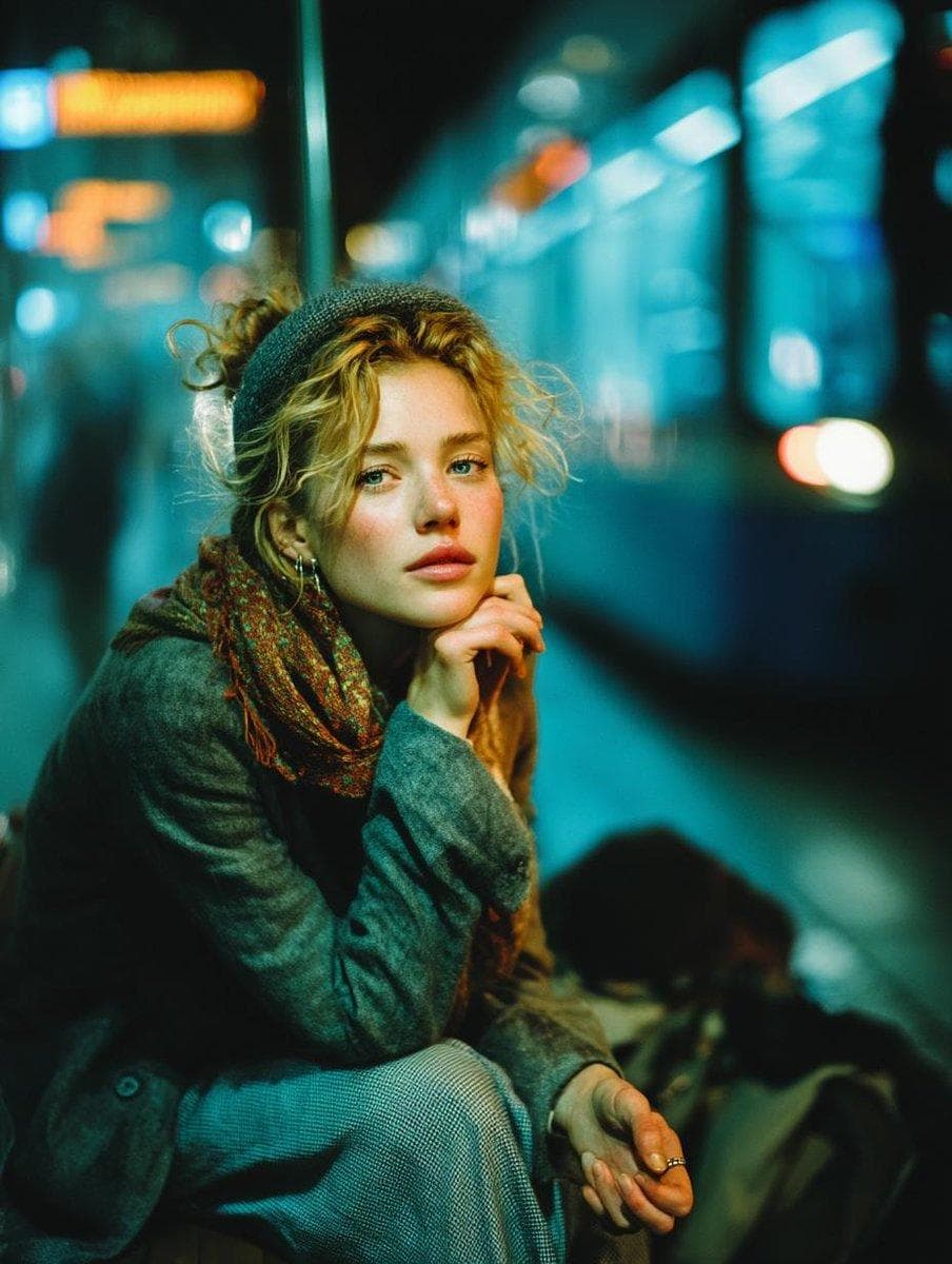 { "Objective": "Create a moody cinematic portrait capturing quiet introspection on a subway platform at night", "PersonaDetails": { "Subject": { "Type": "Young woman", "Hair": { "Style": "Soft curly blonde hair loosely tied back", "Accessory": "Simple headband" }, "FacialDetails": { "Freckles": "Natural, visible", "Expression": "Calm, introspective, emotionally reserved" }, "Pose": "Seated on a subway bench, resting chin on her hand", "Gaze": "Looking slightly downward or into the distance" } }, "Wardrobe": { "Outerwear": "Textured wool coat", "Accessories": "Knitted scarf", "ClothingStyle": "Muted, casual, understated urban wear" }, "SceneDescription": { "Location": "Subway platform", "TimeOfDay": "Night", "Environment": { "Lighting": "Neon city lights along the platform", "Reflections": "Light reflections glowing on metal and tiled surfaces" } }, "Composition": { "Framing": "Medium cinematic portrait", "DepthOfField": "Shallow depth of field", "Focus": "Sharp focus on subject with dreamy background blur" }, "LightingAndColor": { "Lighting": "Low-light ambient subway illumination", "ColorPalette": { "Primary": "Cool teal neon tones", "Secondary": "Warm amber highlights" }, "Highlights": "Soft highlights with controlled bloom", "ColorGrading": "Cinematic, film-inspired night tones" }, "AtmosphericEffects": { "Bokeh": "Dreamy neon bokeh in background", "FilmGrain": "Subtle film grain for cinematic texture", "Mood": "Quiet, reflective, emotionally resonant" }, "ArtDirection": { "Style": "Cinematic urban realism", "Aesthetic"…