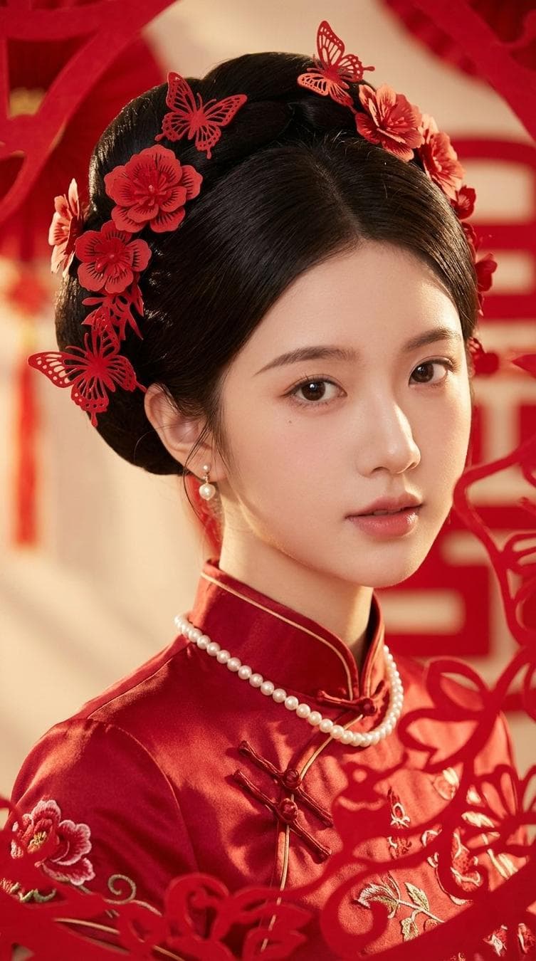 1. 宏观风格与媒介 - 核心媒介: Photography - 美学流派: Traditional Chinese bridal portrait 2. 主体与IP身份 - 核心主体: Woman with updo hairstyle adorned with red paper-cut flowers and butterflies, wearing red traditional attire and pearl jewelry - IP/名人锁定: None 3. 世界逻辑与物理 - 物理法则: Realistic human proportion - 空间构成: Eye-level perspective, close-up portrait with paper-cut decorative foreground 4. 数据与信息层 - 文本提取: None - 品牌与符号: None 5. 材质与纹理 - 核心材质: Red satin cheongsam, red paper-cut ornaments, white glossy pearls, small white pearl earring - 触感细节…