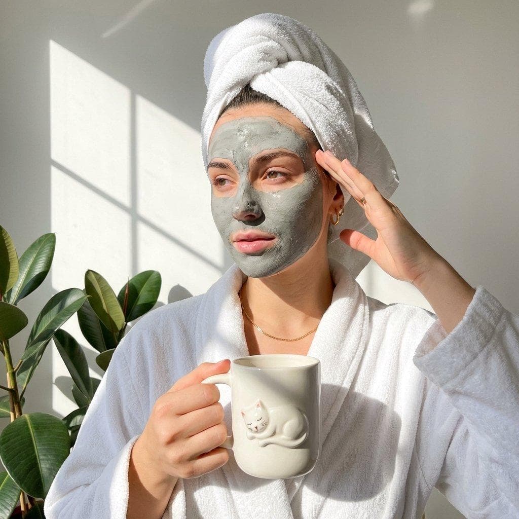 { "image_generation": { "subject": { "description": "young woman enjoying a calm self-care moment", "expression": "relaxed, thoughtful, peaceful", "face": "natural facial features with a gray clay face mask applied evenly", "skin": "natural skin tone, soft texture" }, "hair": { "style": "hair wrapped in a white towel turban", "appearance": "clean, spa-style look" }, "outfit": { "clothing": "white bathrobe", "style": "minimal, cozy, spa aesthetic", "accessories": "small gold hoop earrings, delicate gold necklace" }, "pose": { "hands": "one hand holding a ceramic mug, other hand lightly touching the side of the head", "posture": "upright, relaxed stance" }, "props": { "mug": "white ceramic mug with a cute cat design", "theme": "morning relaxation, wellness routine" }, "environment": { "setting": "bright indoor space near a window", "background": "soft white wall with natural window light and leafy green houseplant", "mood": "calm, fresh, minimal" }, "lighting": { "type": "natural sunlight", "direction"…