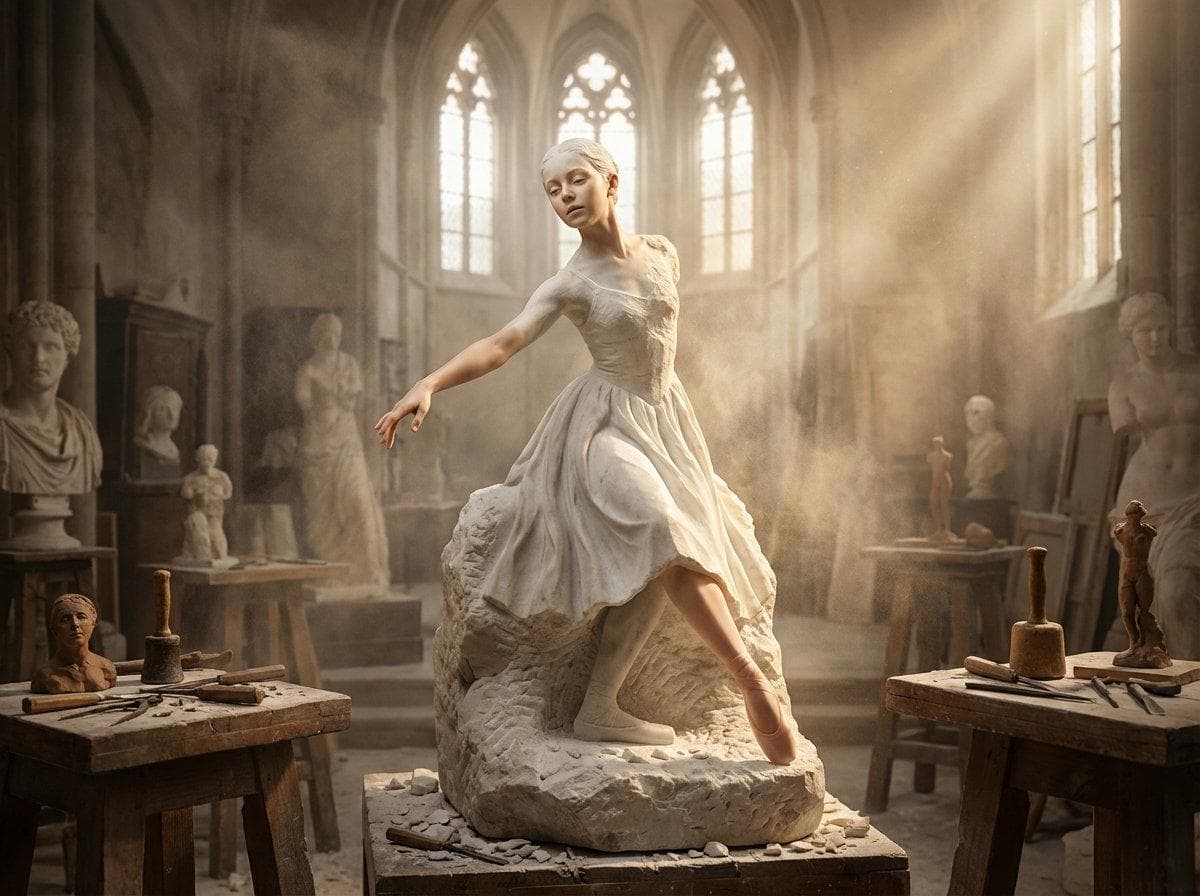A half-finished marble sculpture in a dusty Renaissance workshop, with the [SUBJECT] emerging from the raw stone block in a breathtaking moment of creation becoming conscious. The figure is rough chisel marks at the base, transitioning through refined carving into impossibly lifelike flesh at the extremities. [KEY FEATURES] have achieved full life while the torso remains trapped in stone, mid-escape. Marble dust swirls in shaft lighting as if the awakening itself is generating atmosphere. The [SUBJECT] reaches forward, fingers transitioning from carved to living. Sculptor's tools scattered on…
