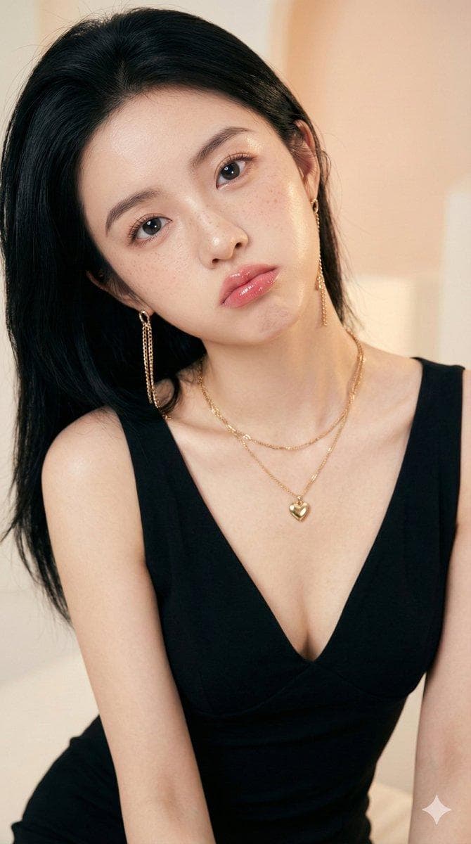 { "style": "ultra-realistic celebrity portrait, soft romantic photography", "subject": { "identity": "based on uploaded reference", "gender": "female", "age": "young adult", "pose": "tilting head slightly to the side, looking up at camera through lashes, playful and cute posture", "expression": "pouting lips, acting cute, puppy eyes, innocent look, 'sajiao' vibe", "facial_details": { "eyes": "big imploring eyes, looking up, soft gaze", "mouth": "pouted lips, slight pout", "cheeks": "faint blush", "freckles": "visible natural freckles across nose and cheeks", "makeup": { "skin": "dewy natural finish", "lips": "glossy pink", "eyes": "doe-eyed makeup" } }, "hair": { "color": "jet black", "length": "long", "style": "straight, soft texture, falling over one shoulder" }, "outfit": { "dress": "black fitted dress with deep plunging V-neckline", "jewelry": { "earrings": "long dangling gold chain earrings", "necklaces": "layered gold necklaces with a small heart pendant" } } }, "environment": { "setting": "soft studio setting", "background"…
