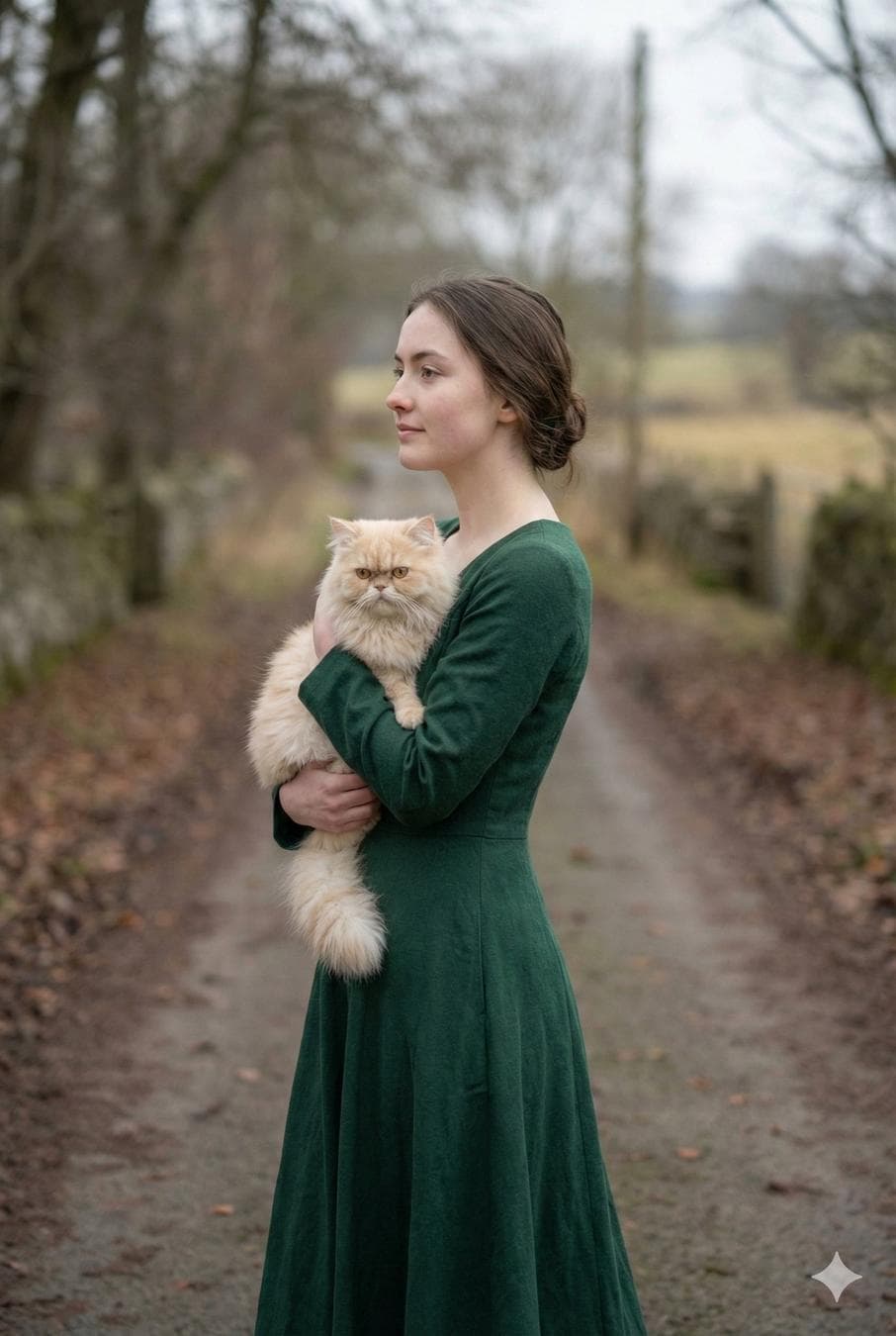 portrait of a young woman in her early 20s walking calmly on a beautiful road, holding a small Persian cat gently in her arms, candid natural pose, elegant flowing dress, soft graceful expression, winter cloudy day, cinematic atmosphere, good lighting fully focused on her, shallow depth of field, background softly blurred, realistic textures, detailed skin…