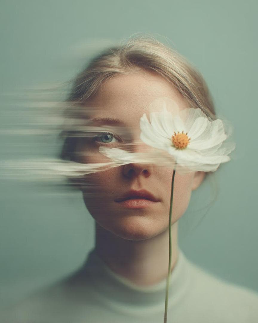 Ultra-realistic fine-art portrait of a young woman with soft natural features, minimal makeup, and calm introspective expression. Pastel muted background in sage green tones. Delicate flowers drifting across the frame in the foreground, creating intentional motion blur and soft streaks of light. Subtle double exposure and slow-shutter motion effects across the face, dreamy and poetic atmosphere. Gentle diffused lighting with smooth highlights on skin, natural texture…