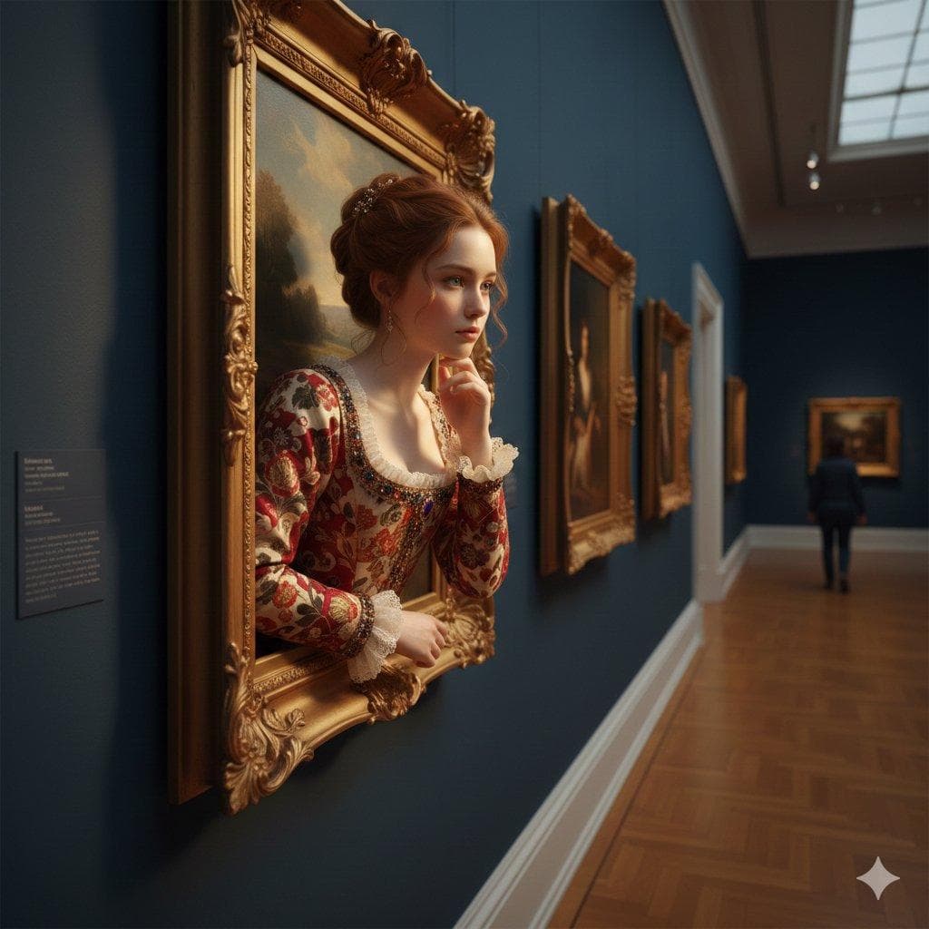 A surreal, ultra-realistic scene of a young woman emerging from an ornate golden picture frame mounted on a deep blue gallery wall. She has soft auburn hair styled in an elegant updo, delicate features, and wears a richly detailed Renaissance-inspired dress with embroidered floral patterns and lace cuffs. Her chin rests thoughtfully on her hand as she gazes sideways with a pensive expression. Warm, cinematic lighting highlights her face and the gilded frame. The setting is an art gallery hallway with wooden parquet…