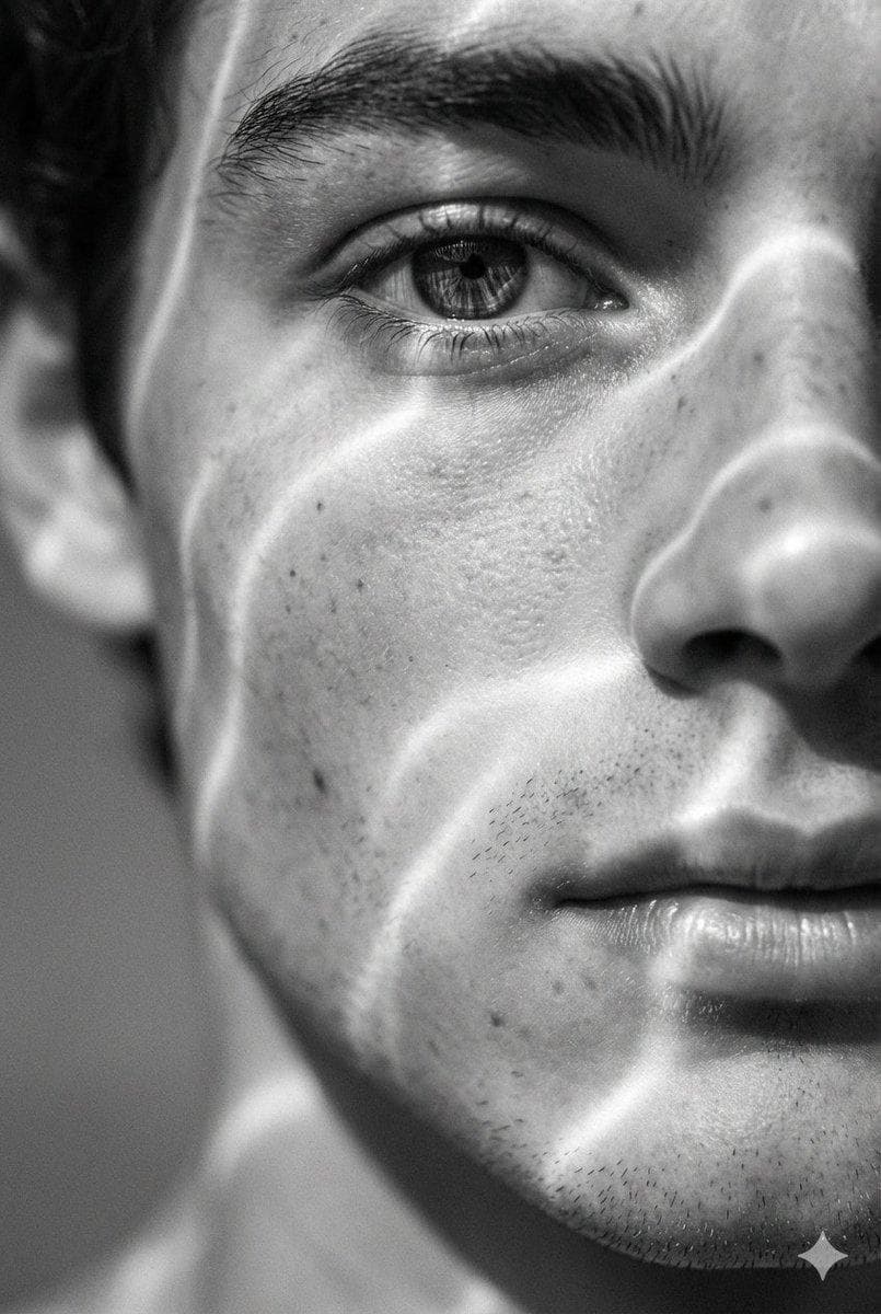 A hyperrealistic 8K black and white extreme close-up portrait of a young man's face, focusing tightly on his eye, cheekbone, and lips. Bright sunlight breaks into soft, wavy luminous lines that ripple across his skin like underwater reflections. The light flows diagonally, wrapping around the contours of his face in surreal patterns, while the shadows dissolve into smooth mid-gray tones instead of deep black. The skin is rendered in lifelike detail-visible pores, faint freckles, subtle stubble, and natural imperfections catch the glowing light realistically. The lips are softly highlighted, and the eye reflects fragments of the luminous waves, adding depth and emotion without artificial glow. The camera framing feels macro, pressed close to the face, with razor-thin depth of field: one illuminated ridge of skin is perfectly sharp, while the rest melts into velvety blur. The glassy, fluid quality of the…