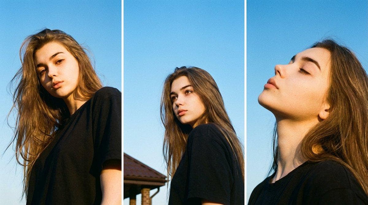 { "type": "image_generation_prompt", "format": "triptych", "aspect_ratio": "vertical, three stacked panels", "identity_preservation": { "use_original_image_reference": true, "strict_identity_lock": true, "face_changes_allowed": false, "clothing_changes_allowed": false, "notes": "Maintain 100% original facial structure, proportions, moles, eyes, nose, mouth, skin texture, hairstyle, and original clothing exactly as in the reference image." }, "subject": { "gender": "female", "appearance": { "hair": { "style": "dark, tousled hair", "details": "natural movement with a few strands lifted by breeze" }, "expression_style": "natural, candid, introspective" } }, "composition": { "layout": "three vertically stacked photographs (triptych)", "background": "bright, clear blue sky", "setting": "outdoor, rooftop-like environment" }, "panels": { "top_panel": { "camera_angle": "low angle", "pose": "looking down toward the camera", "expression": "direct, slightly pensive gaze", "lighting": "bright sunlight illuminating one side of face and shoulder with soft shadows" }, "middle_panel": { "camera_angle": "eye-level to slightly low", "pose": "head turned away, gazing to the right", "expression": "thoughtful, distant", "environment_detail": "small portion of brown columned roof visible in lower left", "composition_note": "subject slightly off-center emphasizing open sky" }, "bottom_panel": { "camera_angle": "close-up profile", "pose": "eyes closed, head slightly tilted back", "expression": "calm, reflective", "lighting": "sunlight accentuating facial and neck contours" } }, "camera": { "type": "35mm film camera aesthetic", "lens_aperture": "f/1.8–f/2.8", "focus": "sharp focus on face with shallow depth of field", "grain": "visible natural film grain" }, "lighting": { "source": "natural daylight", "time_of_day": "afternoon", "quality": "soft, diffused sunlight", "direction": "front…