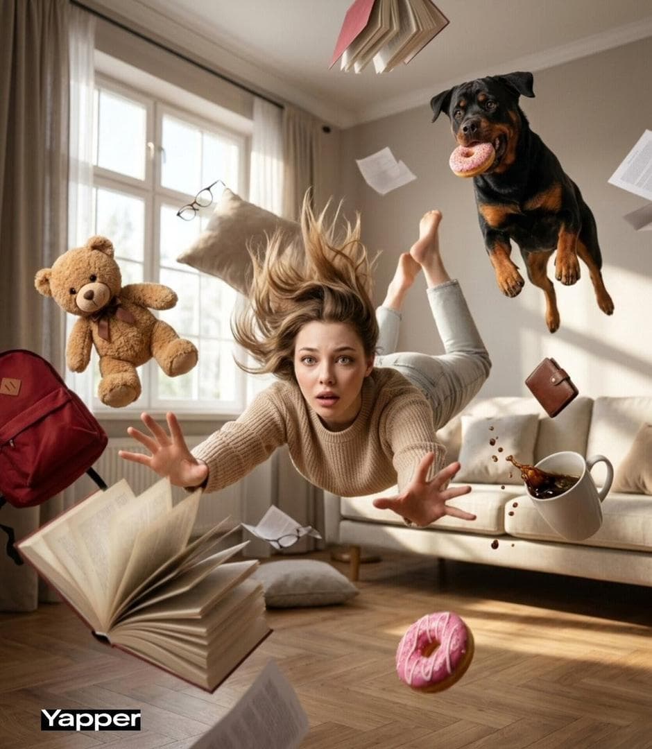 Cinematic surreal scene of a young woman falling forward through a swirling vortex of everyday objects inside a cozy room, arms reaching toward the camera as if trying to regain balance. Around her, objects float in chaotic slow motion: an excited Rottweiler dog mid-jump holding a donut, a soft teddy bear drifting weightlessly, open books with pages flipping in the air, scattered papers, a red backpack, eyeglasses spinning, pillows floating, a leather wallet, and a mug of coffee splashing dramatically with liquid suspended in mid-air. A pink frosted donut tumbles near the floor while sunlight streams through a window casting soft shadows. The woman…