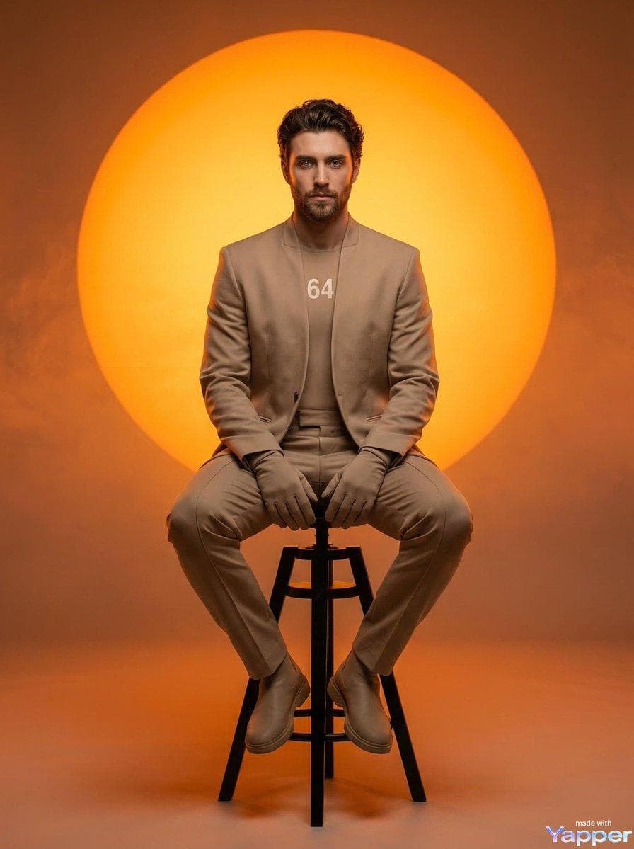 A man with short curly hair and light facial hair sitting on a tall black stool, centered composition, wearing a monochrome beige outfit with gloves and the number "64" on the chest, minimalist futuristic fashion, dramatic studio lighting, huge glowing orange sun behind him, warm orange gradient background, cinematic atmosphere, soft fog around the floor…