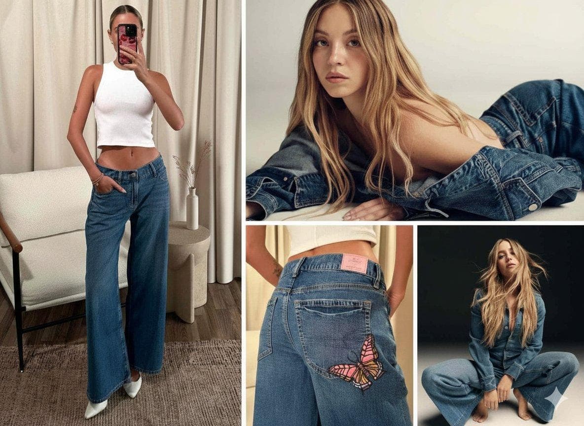 { "file_metadata": { "filename": "sydney_sweeney_ae_campaign_collage.jpg", "category": "High-End Fashion Photography", "project": "American Eagle Denim Collection 2024", "talent": "Sydney Sweeney" }, "visual_composition": { "layout_type": "4-Panel Asymmetrical Collage", "color_palette": { "primary": "Indigo Blue (Denim Wash)", "secondary": "Creamy White (Top & Background)", "accent": "Dusty Rose / Blush Pink (Butterfly Detail)", "vibe": "Warm, Nostalgic, Y2K Grunge" }, "lighting": "Soft diffused studio light with warm highlight tones", "aesthetic_tags": ["Vintage Revival", "Baggy Silhouette", "Main Character Energy"] }, "detailed_frame_analysis": { "panel_1_left": { "focus": "Full Body Silhouette", "pose": "Mirror selfie aesthetic with a slight lean", "outfit_details": { "top": "White ribbed racerback crop tank", "bottom": "Extra wide-leg low-rise indigo jeans", "footwear": "White pointed-toe stilettos", "accessories": "Delicate gold bracelets and a floral-patterned phone case" } }, "panel_2_top_right": { "focus": "Beauty & Expression", "pose": "Reclined, looking directly into the lens", "styling": "Oversized denim jacket draped off-the-shoulder", "hair": "Center-parted blonde waves with natural volume", "makeup": "Minimalist 'Clean Girl' look with dewy skin" }, "panel_3_bottom_center": { "focus": "Product Detail & Embroidery", "subject": "Denim back pocket", "features": [ "Intricate pink and orange butterfly embroidery", "Pink leather brand patch with American Eagle logo", "Contrast stitching on heavy-duty denim fabric" ] }…