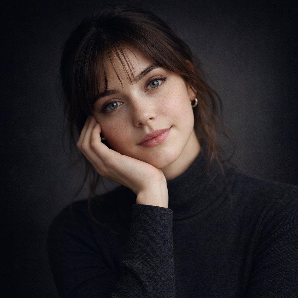 Ultra-realistic studio portrait of a young woman, front-facing, centered composition, symmetrical face, pale skin with soft cheeks and nose, light gray-blue eyes with a subtle dark limbal ring, soft neutral makeup, slightly glossy natural lips, faint smoky eyeliner, dark brown slightly messy hair with wispy bangs framing the forehead, a few loose strands around the face, wearing a dark gray fitted turtleneck sweater, small silver hoop earrings, calm neutral expression, looking directly into the camera, soft diffused cinematic lighting from the front and side, smooth…